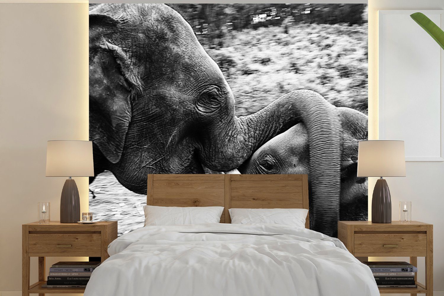 MuchoWow Fototapete Elefant - Tiere - Natur - Schwarz und weiß, Matt, bedruckt, (4 St), Vliestapete für Wohnzimmer Schlafzimmer Küche, Fototapete