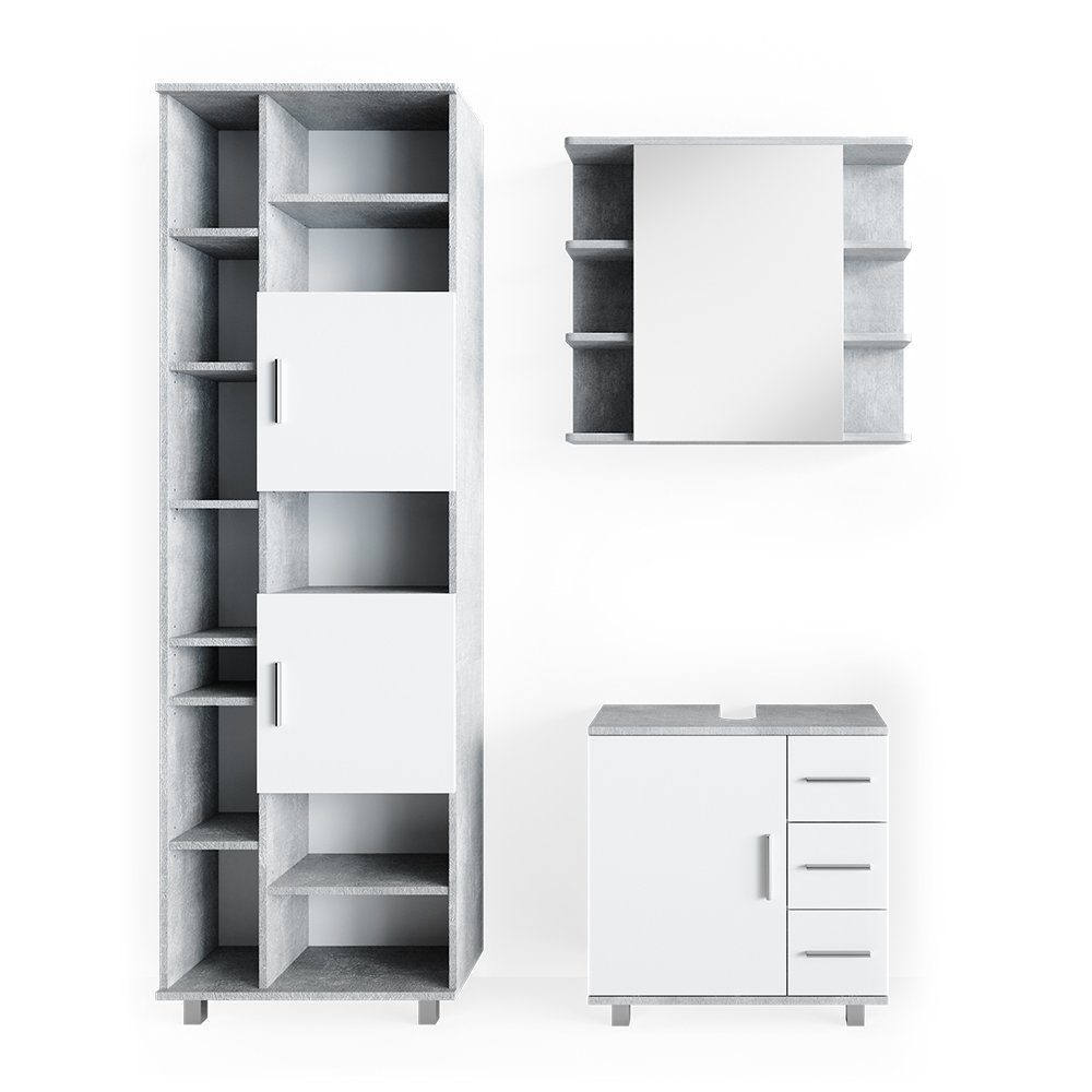 Vicco Badmöbel-Set Ilias, Weiß/Beton, 3 Teile, mit Hochschrank, (3-er Set, 3-St., 3er Set)
