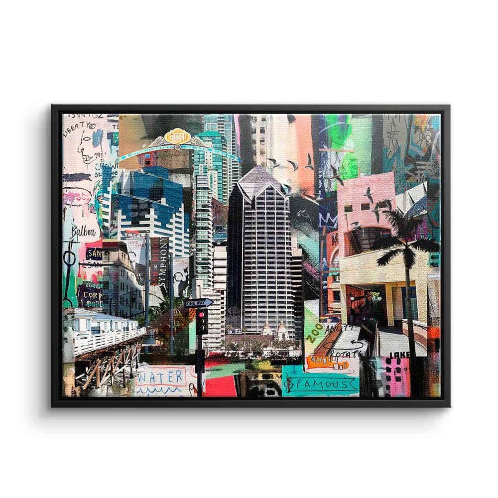 DOTCOMCANVAS® Leinwandbild, Leinwandbild Pop Art Standlandschaft San Diego mit premium Rahmen schwarzer Rahmen