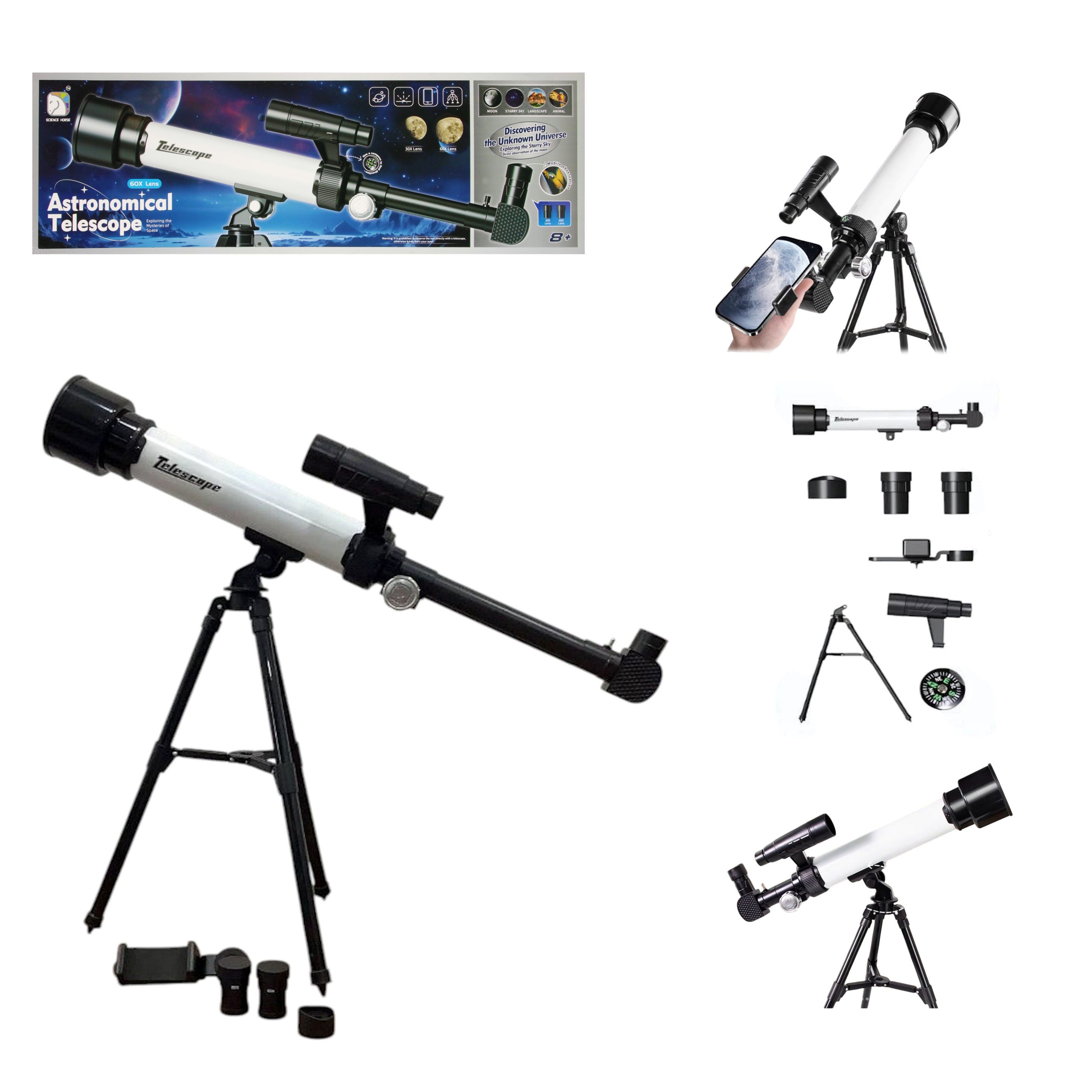 COIL Teleskop Kinderteleskop, Lehrteleskop, astronomisches Teleskop, Lernspielzeug, Smartphone-Halterung, 30x-60x-Objektiv, Stativ