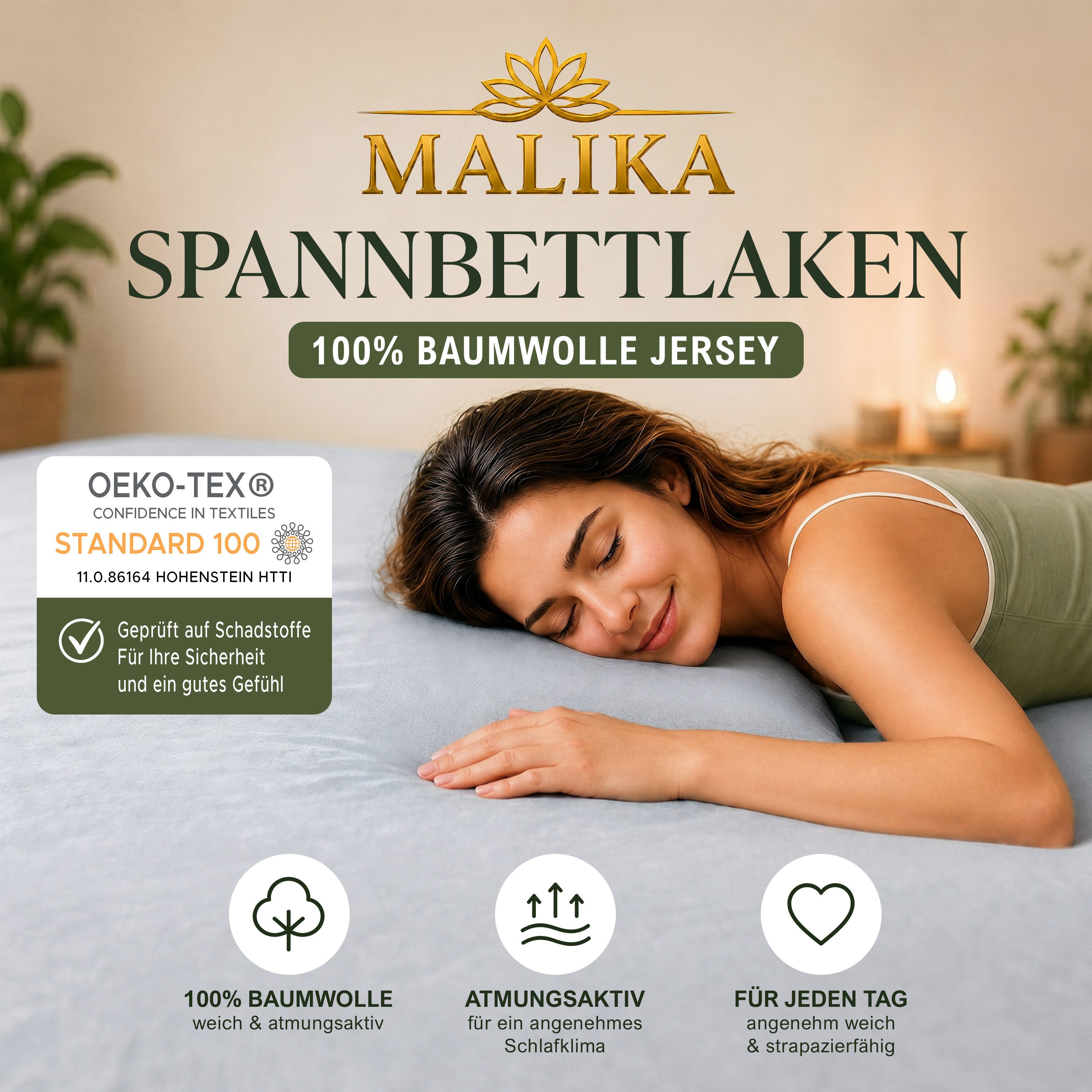 Malika Spannbettlaken Baumwolle weiches Ganzjahres-Spannbetttuch, Jersey Baumwolle, Gummizug: Ja, (1 Stück), Allergikergeeignet, Pflegeleicht und Atmungsaktiv – Bild 2 von 5