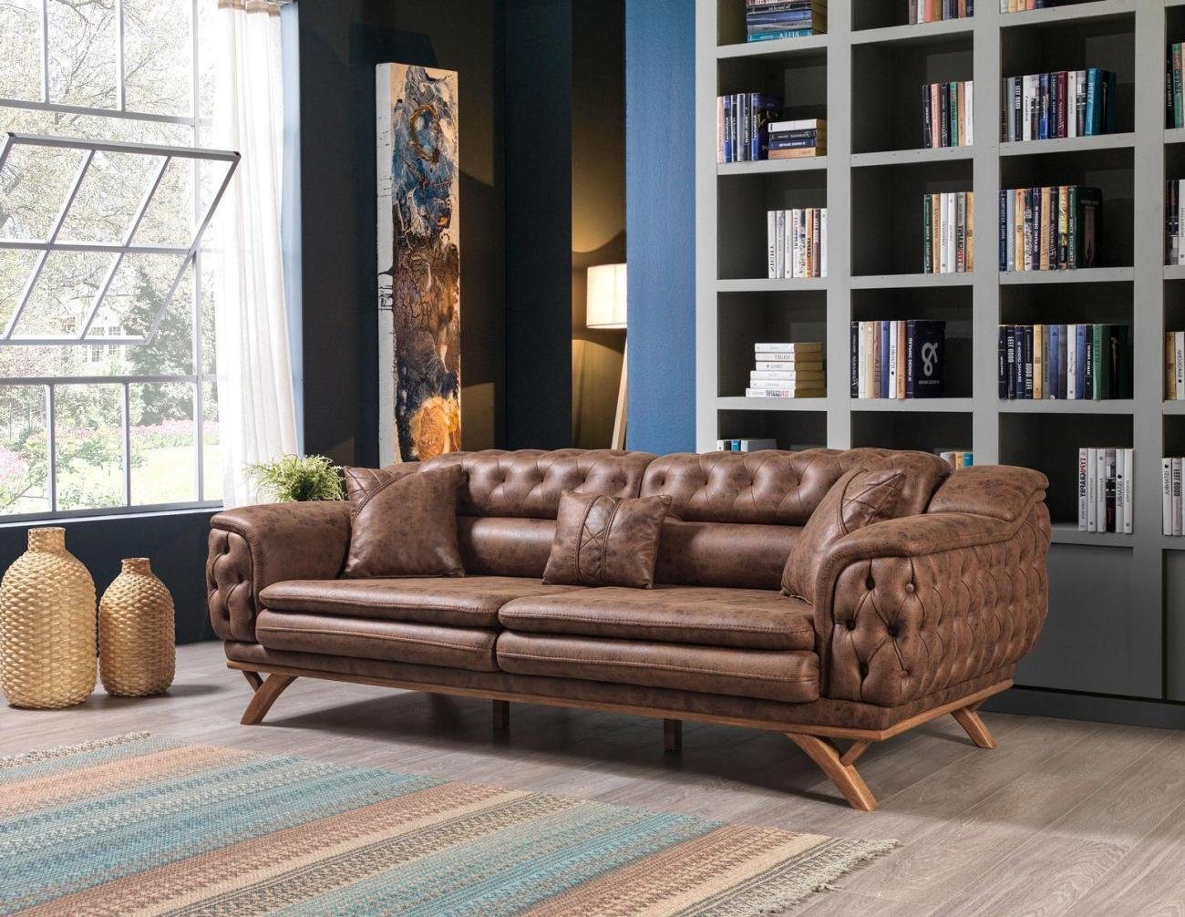 Europa 3-Sitzer Couchtisch), (4-St., 2x 1Sitzer in ohne JVmoebel 2x Made Chesterfield Sessel + Couch Polster Wohnzimmer-Set Sofagarnitur 3+3+1 Garnituren,