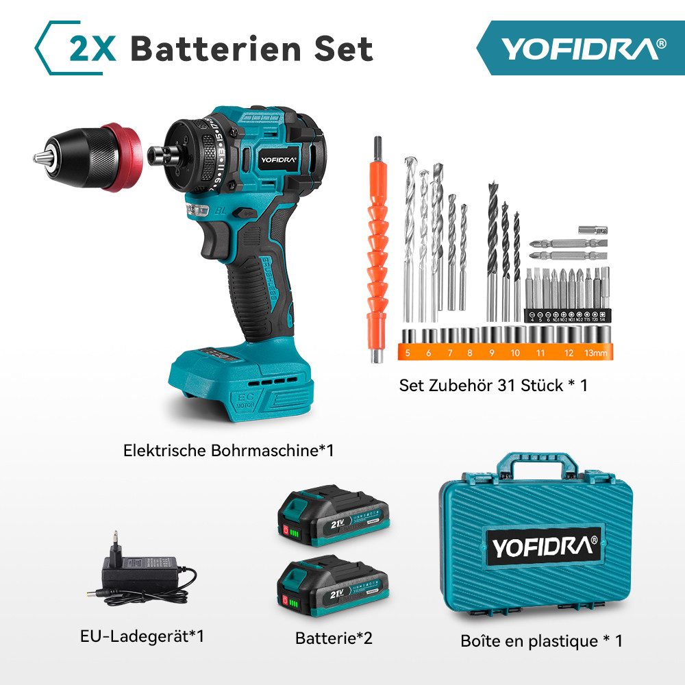 Yofidra Akku-Bohrschrauber Bürstenlos mit 2 Akkus & 31-teiligem Zubehör, 21+3 Drehmomentstufen, max. 3000 U/min, 2 Gänge bis 3000 RPM – ideal für Reparaturen & DIY-Projekte