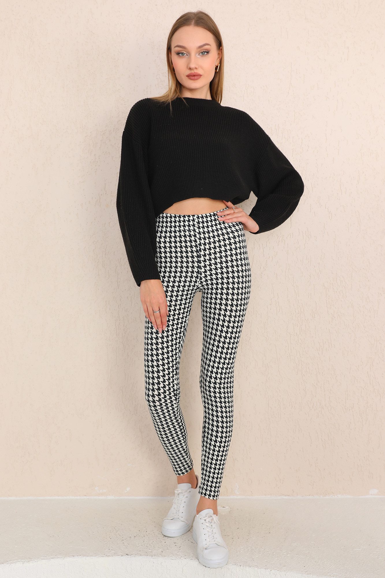 Bongual Leggings mit Hahnentritt Print schwarz-weiß