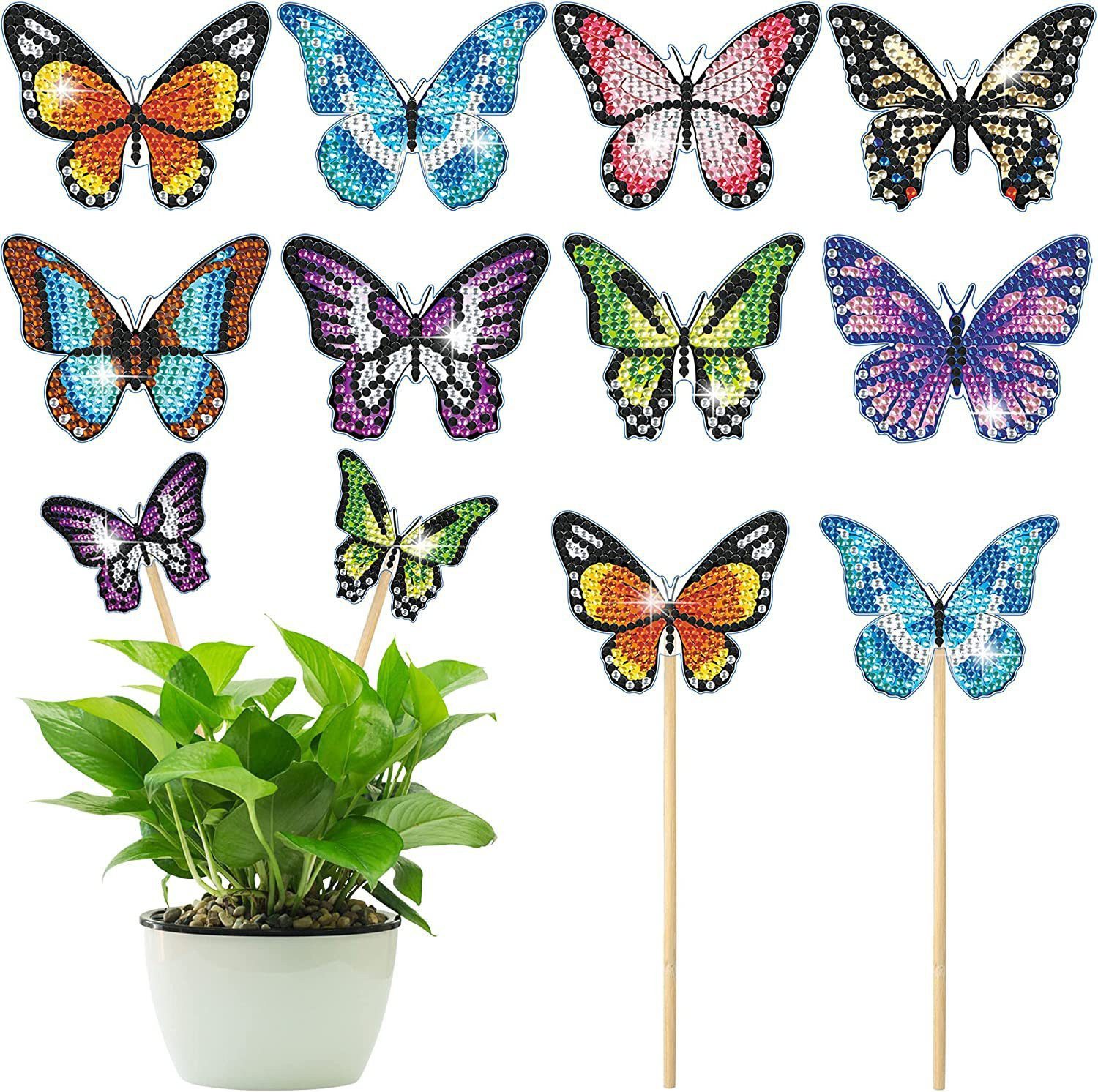 FOUORTUNATE-BEE Kreativset DIY Diamantmalerei Gartenstecker – 8er Schmetterling Bastelset, Diamant Sticker Bastelset für Blumentöpfe, Balkon & Deko