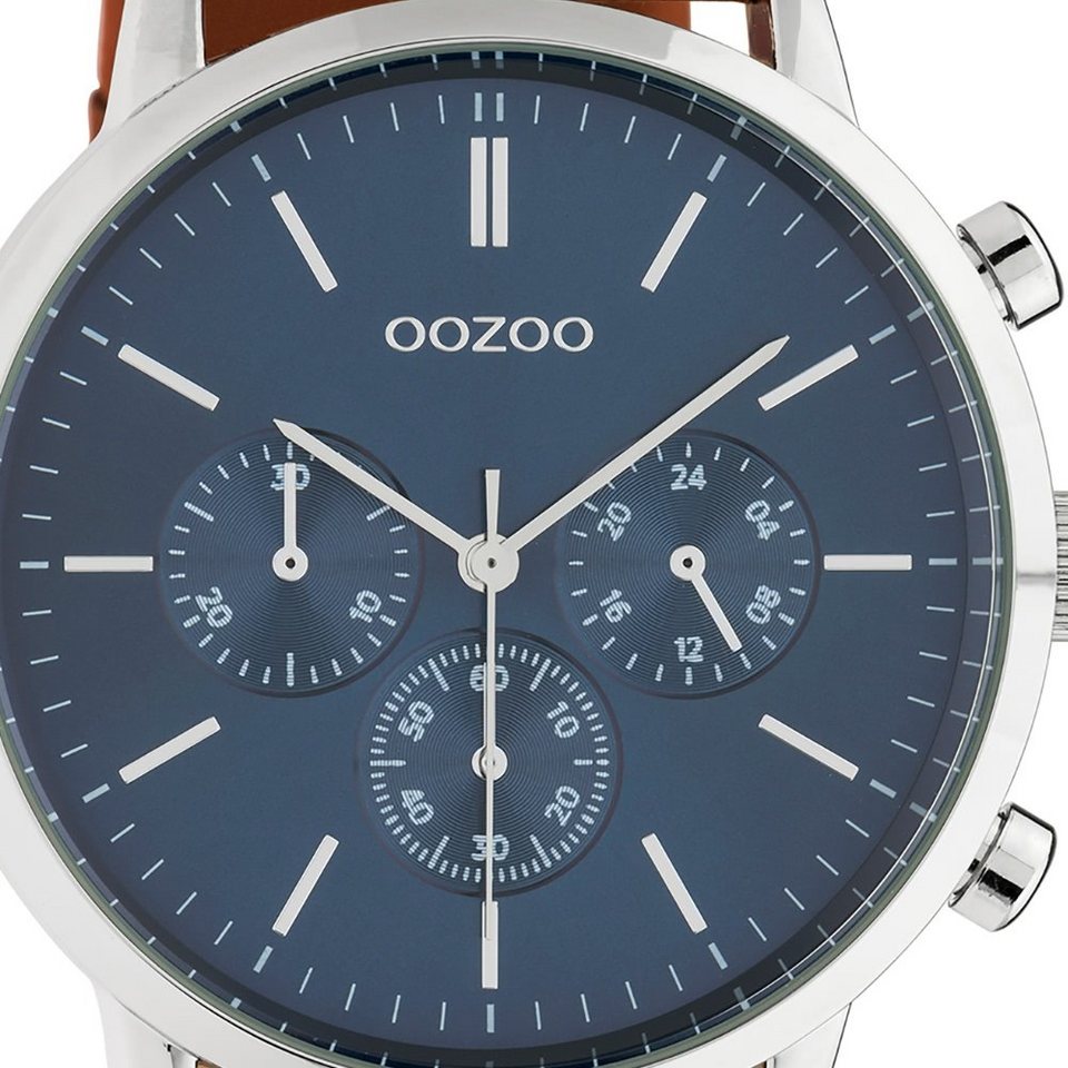 OOZOO Quarzuhr Oozoo Herren Armbanduhr braun Analog, Herrenuhr rund, extra  groß (ca. 48mm) Lederarmband, Fashion-Style, silberne Zeiger und Indizes