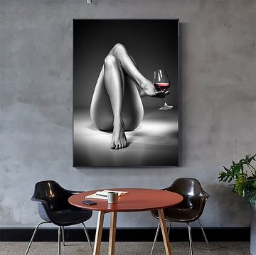 TPFLiving Kunstdruck (OHNE RAHMEN) Poster - Leinwand - Wandbild, Nackte Frau mit Weinglas - (Leinwand Wohnzimmer, Leinwand Bilder, Kunstdruck), Farben: Rot und schwarz - Größe 20x30cm