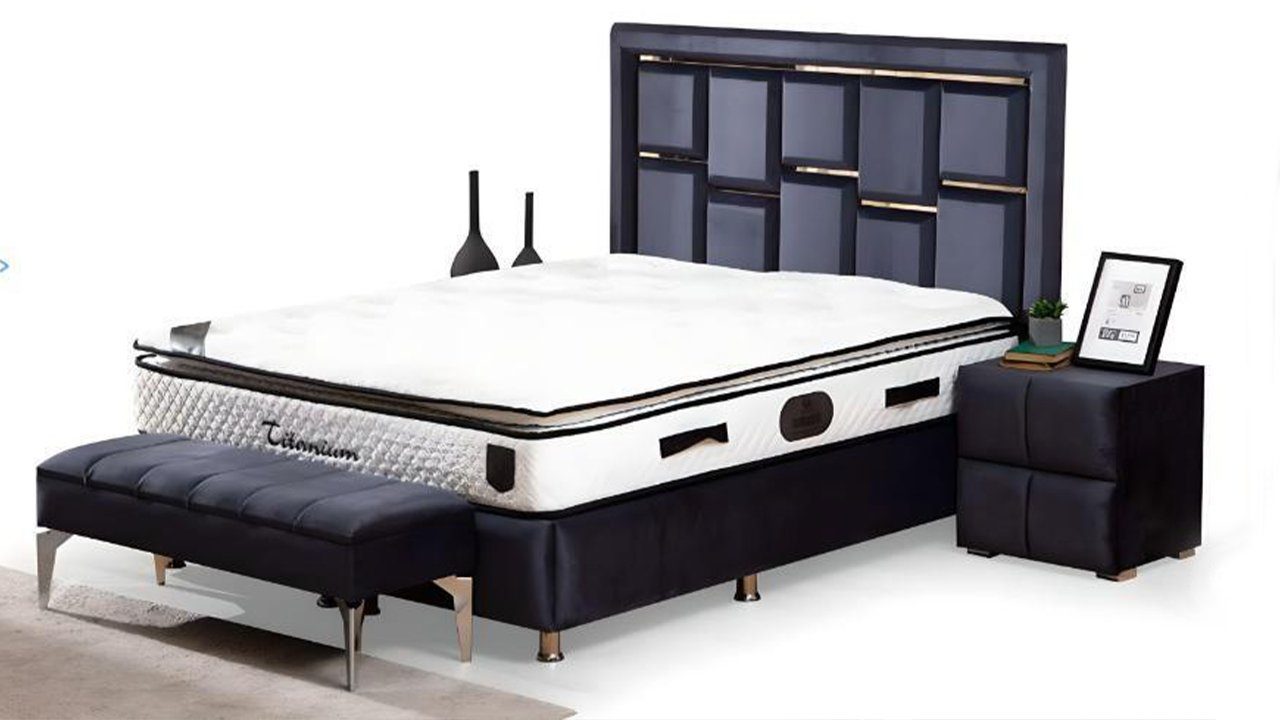 JVmoebel Schlafzimmer-Set Design Schlafzimmer Bett 2x Nachttisch Hocker Holz Neu Set Möbel, Made In Europe