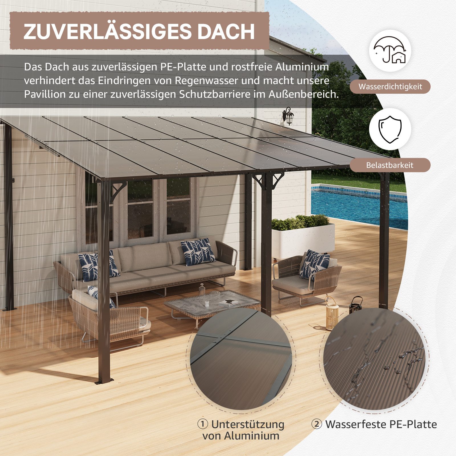 JOIVI Pergola Pergola 3x4m Terrassenüberdachung, Carport mit Sonnendach, (Pavallon aus PE-Platte&Stahlrahmen), für Garten, Hinterhof, Schwimmbad