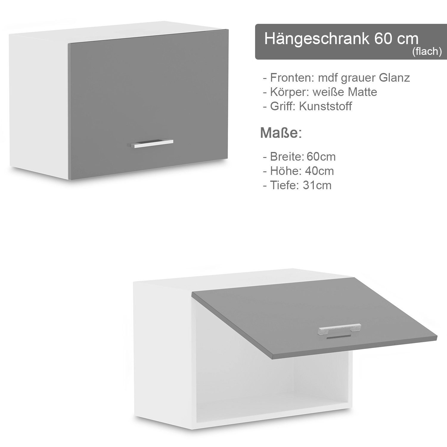 Hängeschrank Grau Roysson Hängeschrank 60 Küchenschrank Home cm (Hochglanz) Flach