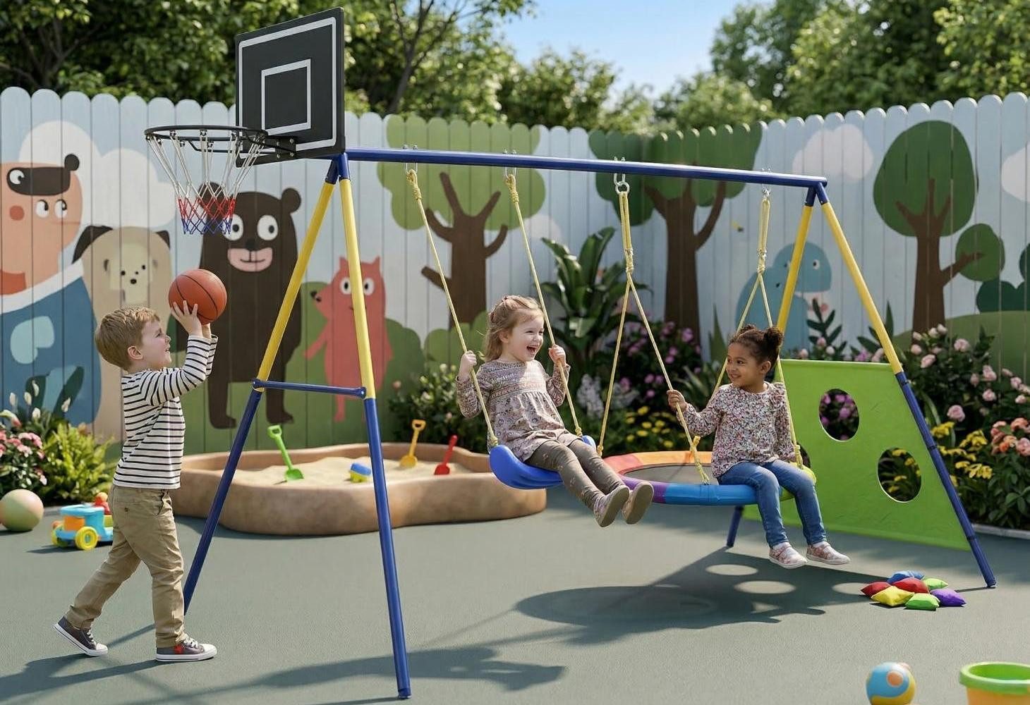 LVHOM Schaukelkombination 288x160x220cm, 4-in-1 Schaukelset, für Kinder von 3–8 Jahren, (1xU-förmige Schaukel+Nestschaukel+Basketballkorb+Fußballtor,verstellbare PE-Seile, dreieckiger A-Rahmen mit 4 Bodenankern), bis zu 150kg,für Balkone,Terrassen,Parks oder kleine Kinderspielplätze