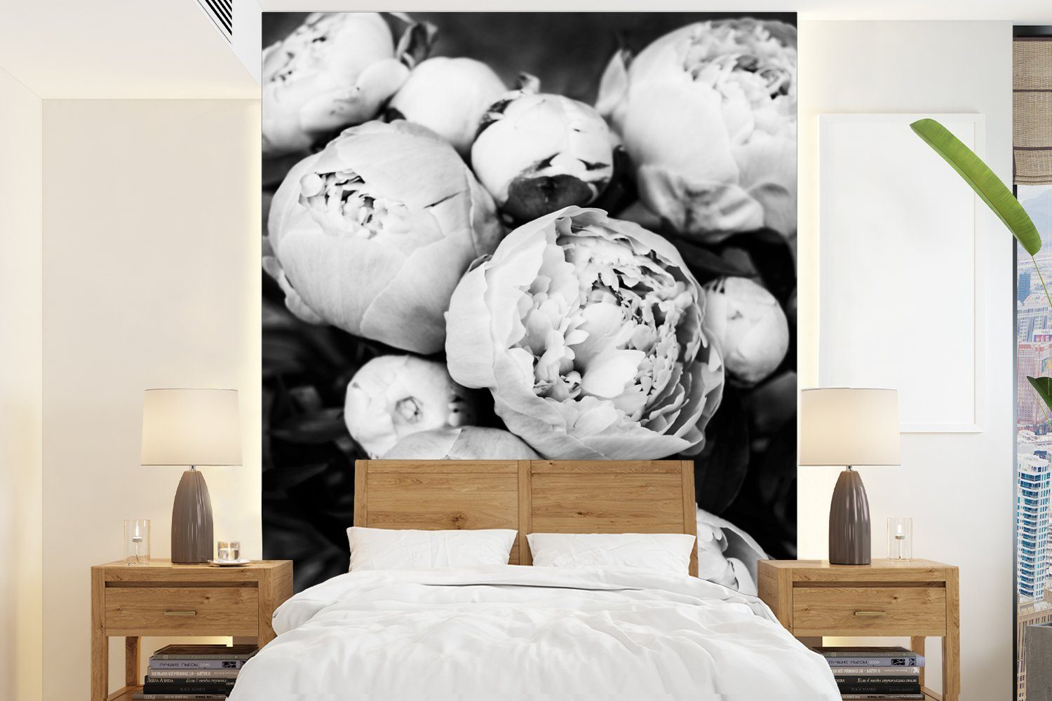MuchoWow Fototapete Blumen - Weiß - Natur - Schwarz und Weiß, Matt, bedruckt, (4 St), Montagefertig Vinyl Tapete für Wohnzimmer, Wandtapete