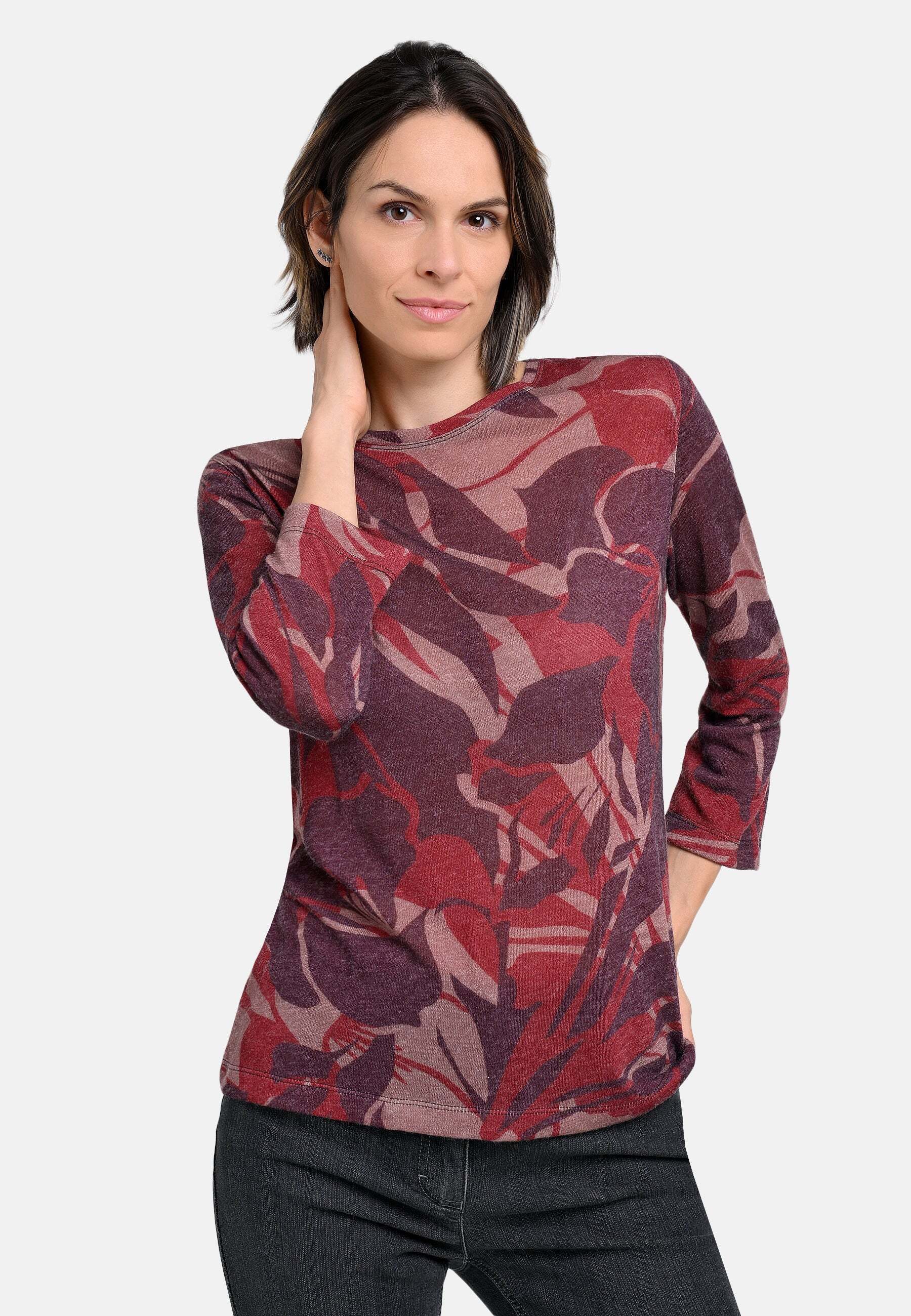 BICALLA T-Shirt Feinstrick-Shirt mit floralem Print in Bordeaux (1-tlg)