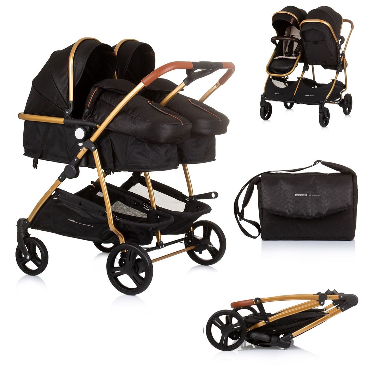 Chipolino Geschwisterwagen Duo Smart, klappbar, umbaubar, verstellbar, Fußsack, EVA-Reifen, Sicherheitsgurt