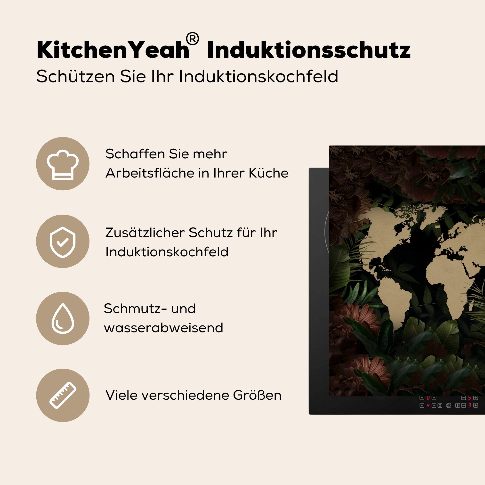 Weltkarte Herdblende-/Abdeckplatte Arbeitsplatte tlg), Blumen Pflanzen, für - küche cm, Ceranfeldabdeckung, Vinyl, - (1 78x78 MuchoWow