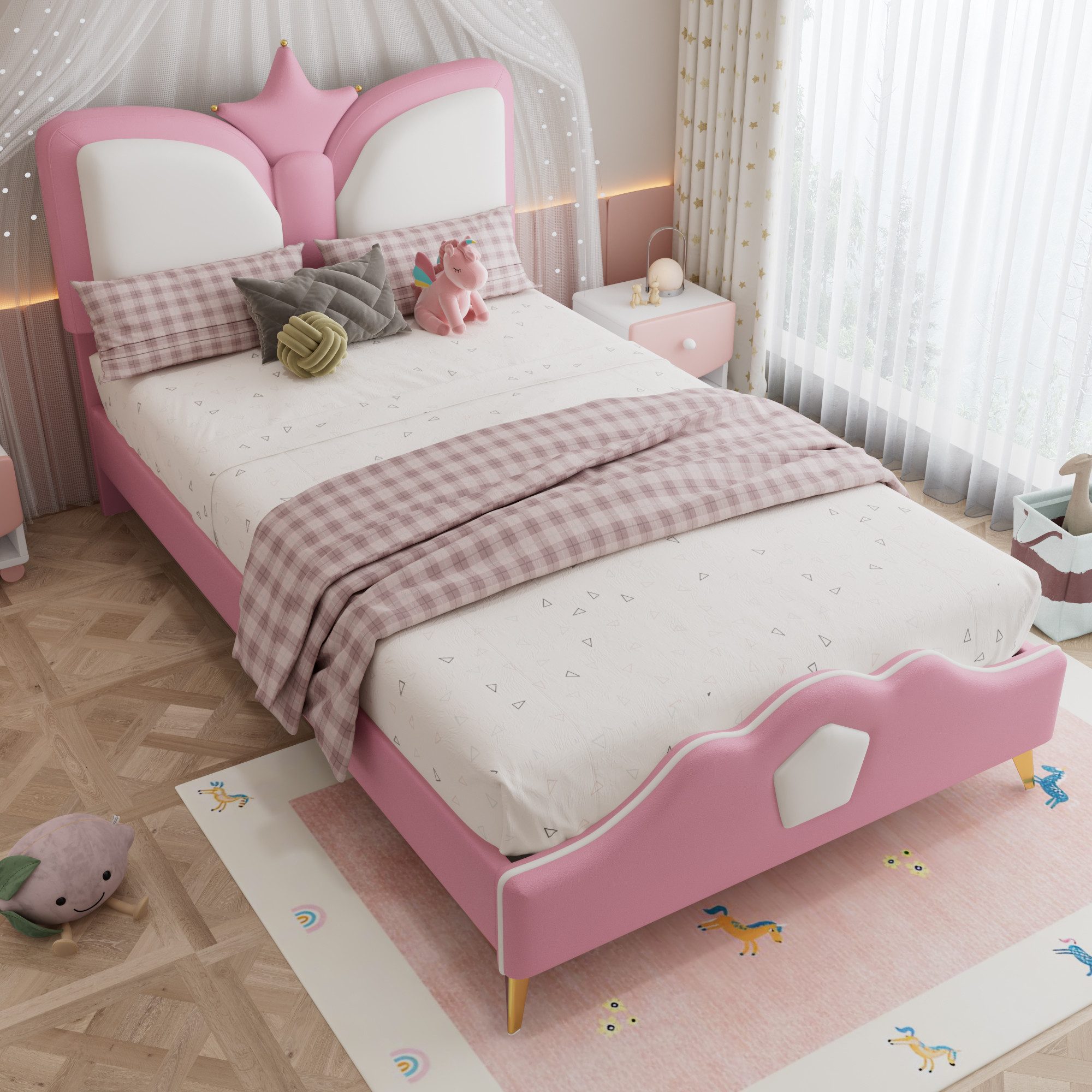 Flieks Polsterbett, Kinderbett Einzelbett 90x200cm mit Kronenform Kopfteil