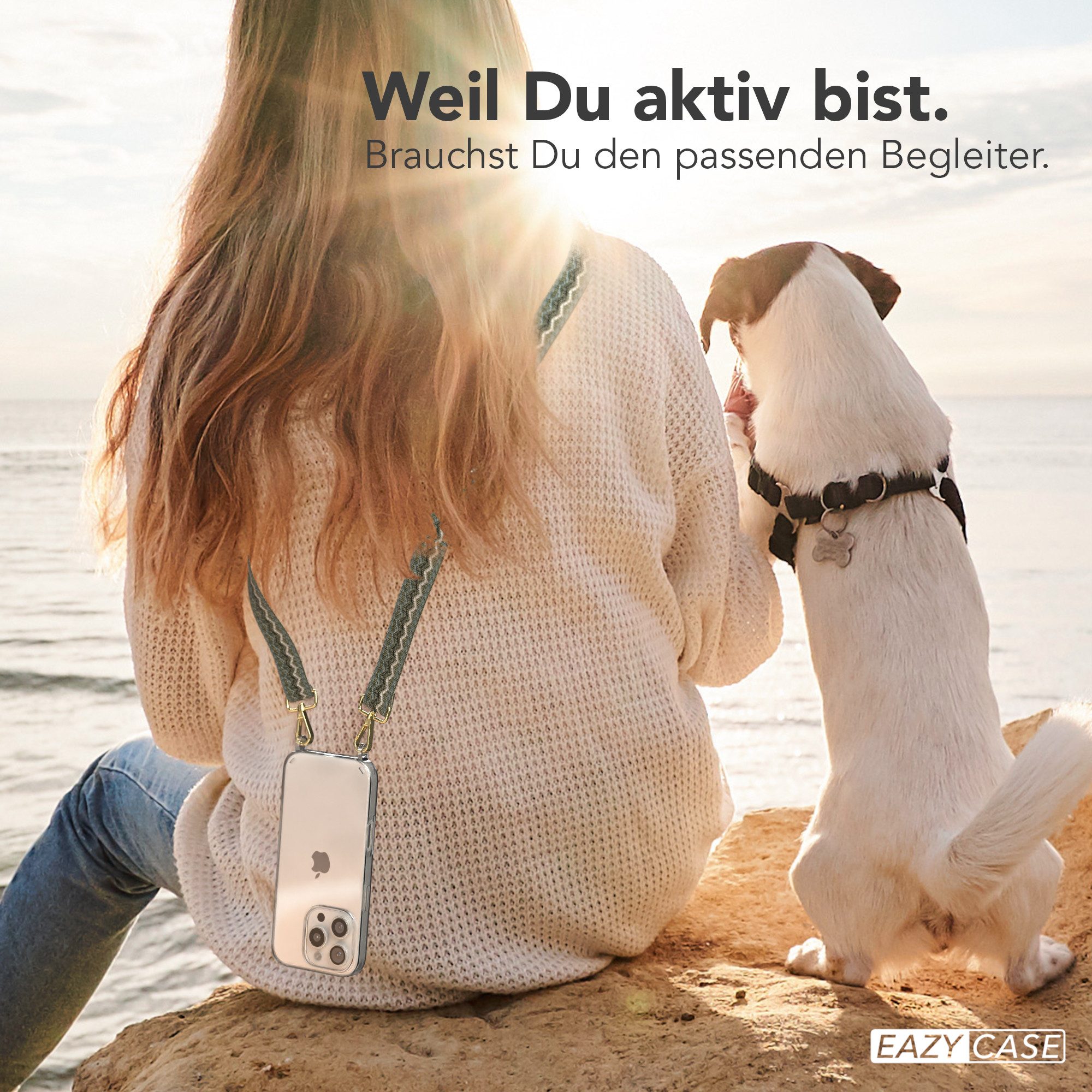 EAZY CASE Handykette Silikonhülle mit Kette für Apple iPhone 16 Pro 6,3 Zoll, Verstellbarer Trageriemen Wave Case transparent DIY Gürteltasche Grün