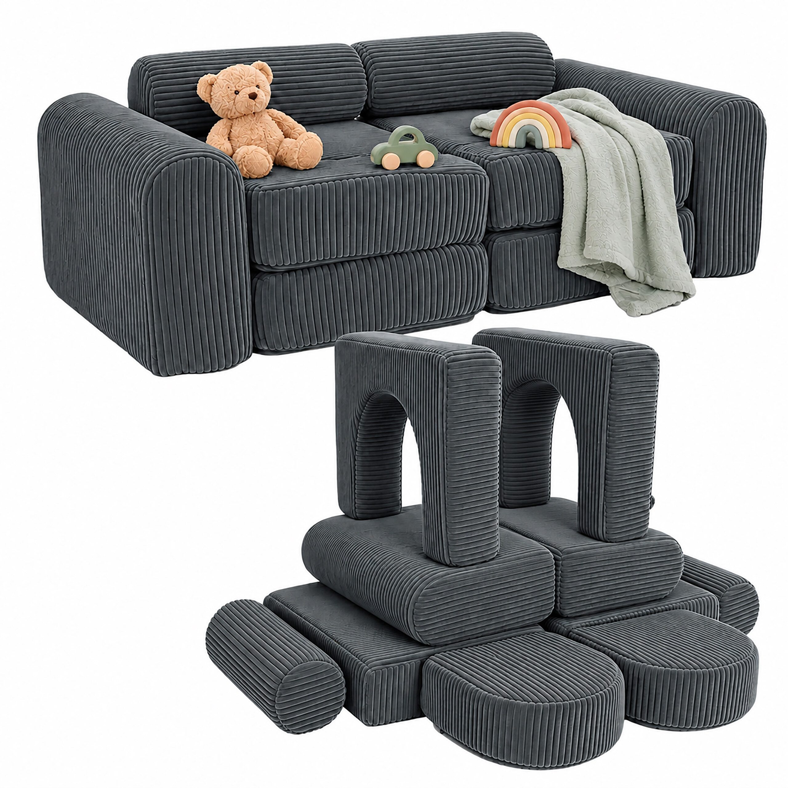 relaxdays Kindersofa 10-tlg. Kinder Spielsofa modular, 10 Teile, Anthrazit