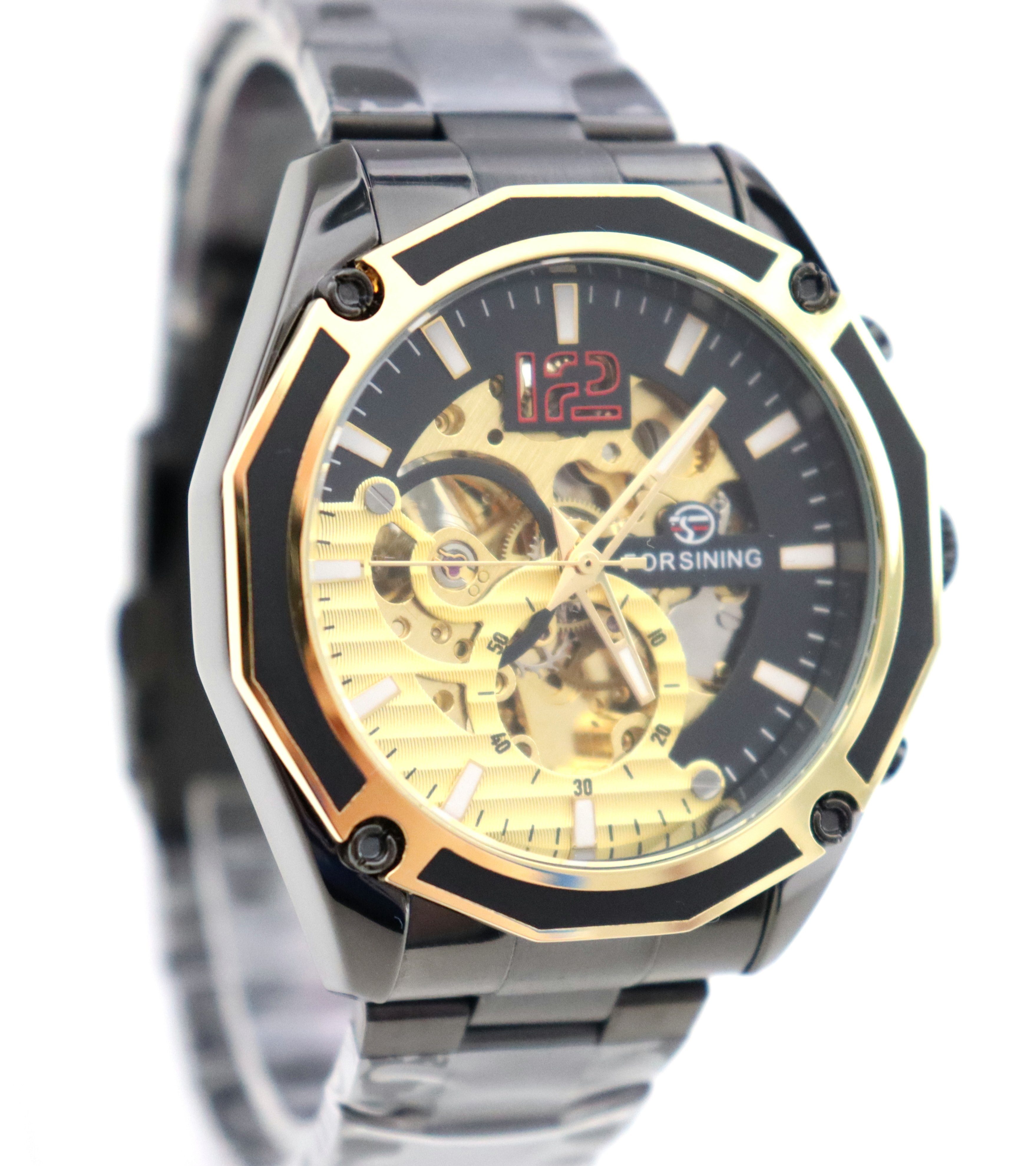 Rötting Design Automatikuhr Herrenuhr Armbanduhr Marke Forsining schwarz goldfarbenes Ziffernblatt, (1-tlg), Edelstahl, Skelett Ziffernblatt