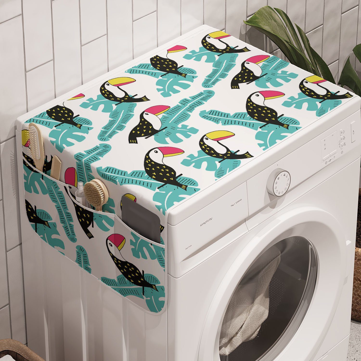 Abakuhaus Badorganizer Anti-Rutsch-Stoffabdeckung für Waschmaschine und Trockner, Tukan Tropischer Vogel auf Blätter Kunst