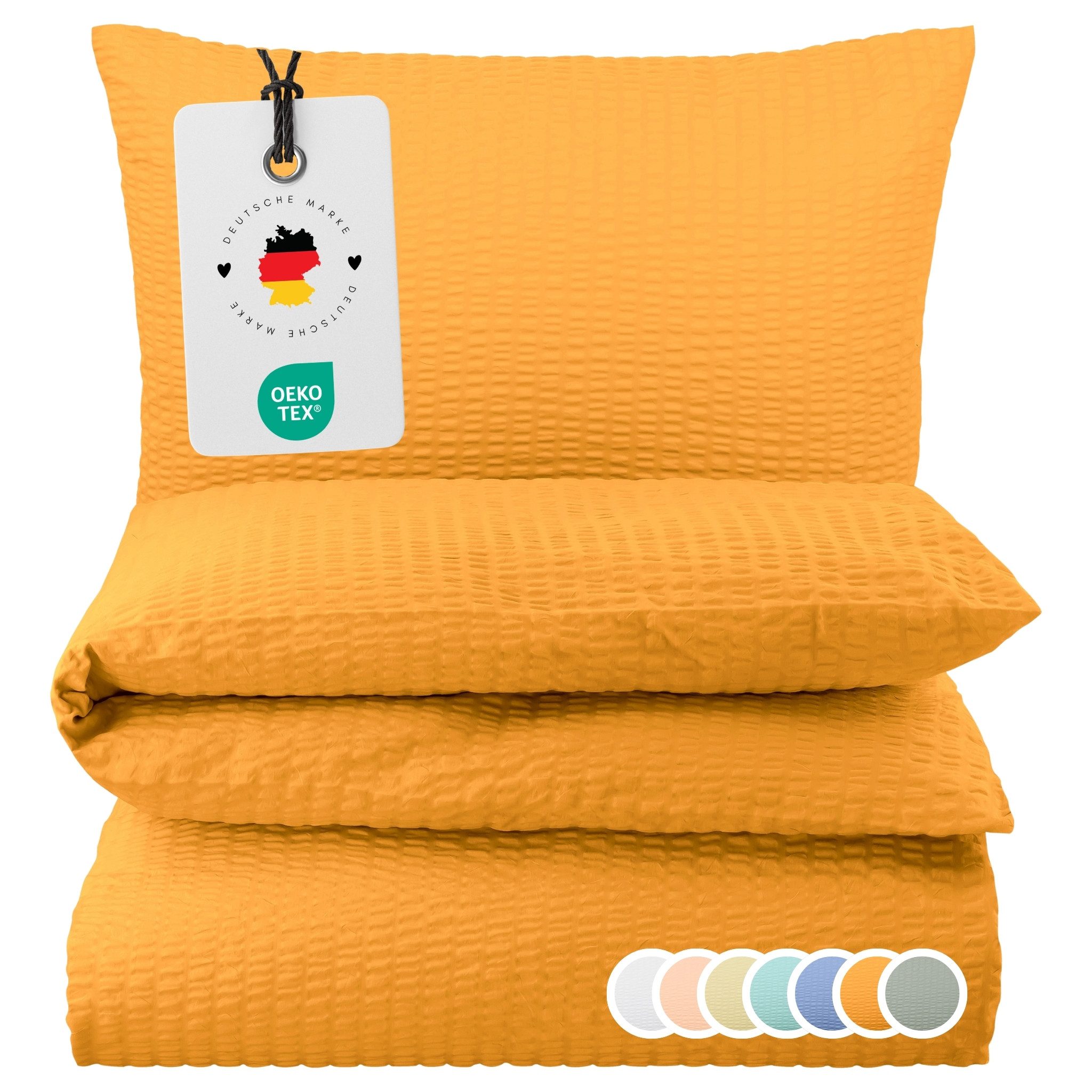 Carpe Sonno Bettwäsche Seersucker 135 x 200 155 x 220 Bügelfrei Sommer Uni 100% Baumwolle, Seersucker, 2 teilig, Leicht kühlender Bettbezug Reißverschluss & OEKO-TEX Orange 135x200