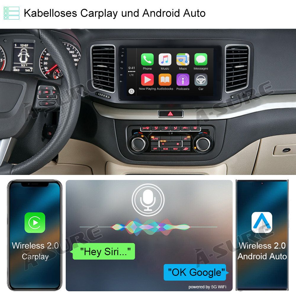 A-Sure 8-Core 4-Core Android 15 Carplay Navi Für VW Sharan 7N Seat Alhambra Autoradio (DSP, RDS, Digitalradio (DAB), USB) – Bild 5 von 5