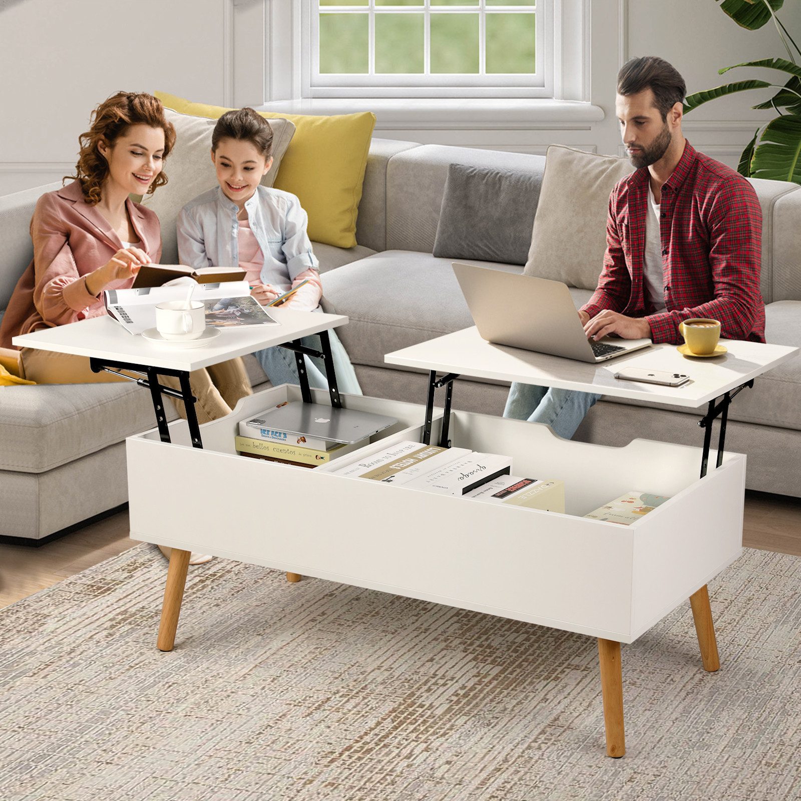 VOWNER Couchtisch Höhenverstellbarer, Versenkbarer, Wohnzimmertisch, Weiß – Bild 4 von 5