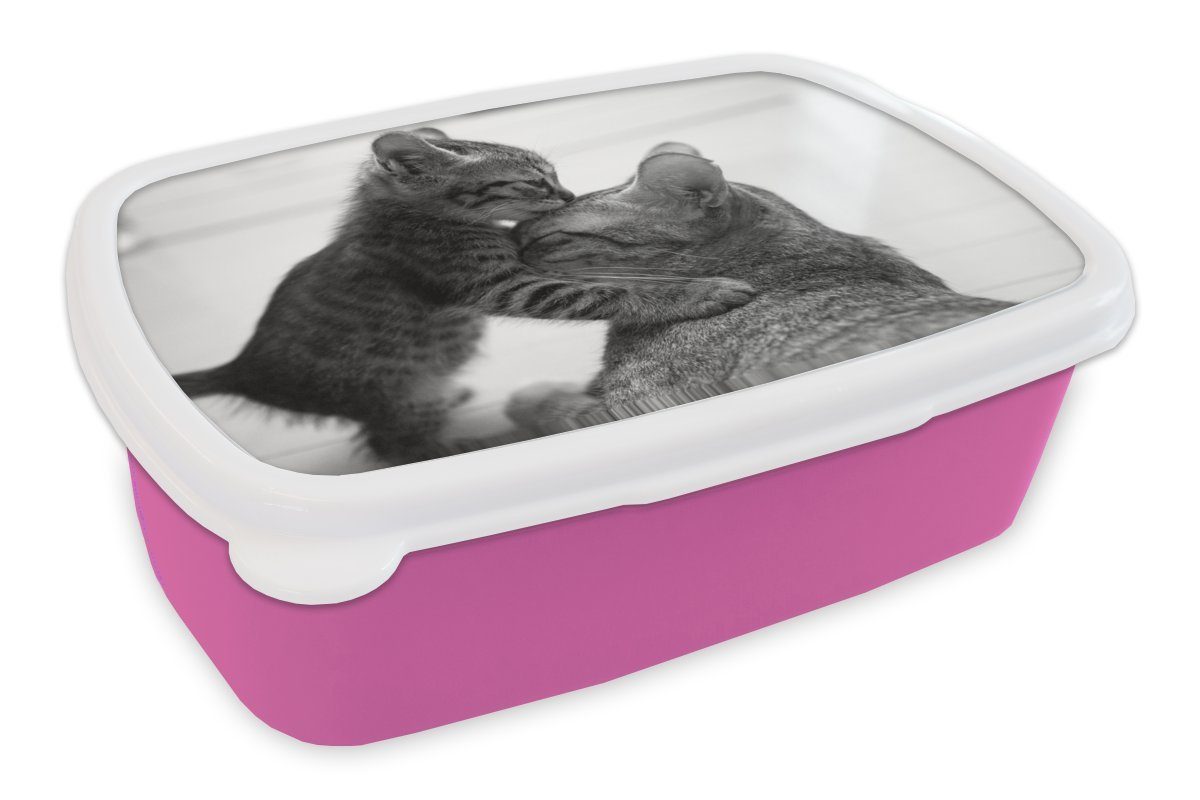 Mädchen, und schwarz Kunststoff, (2-tlg), Kinder, mit MuchoWow Katze kuschelt - Erwachsene, weiß, für rosa Brotbox Kunststoff Kätzchen Lunchbox Brotdose Snackbox,