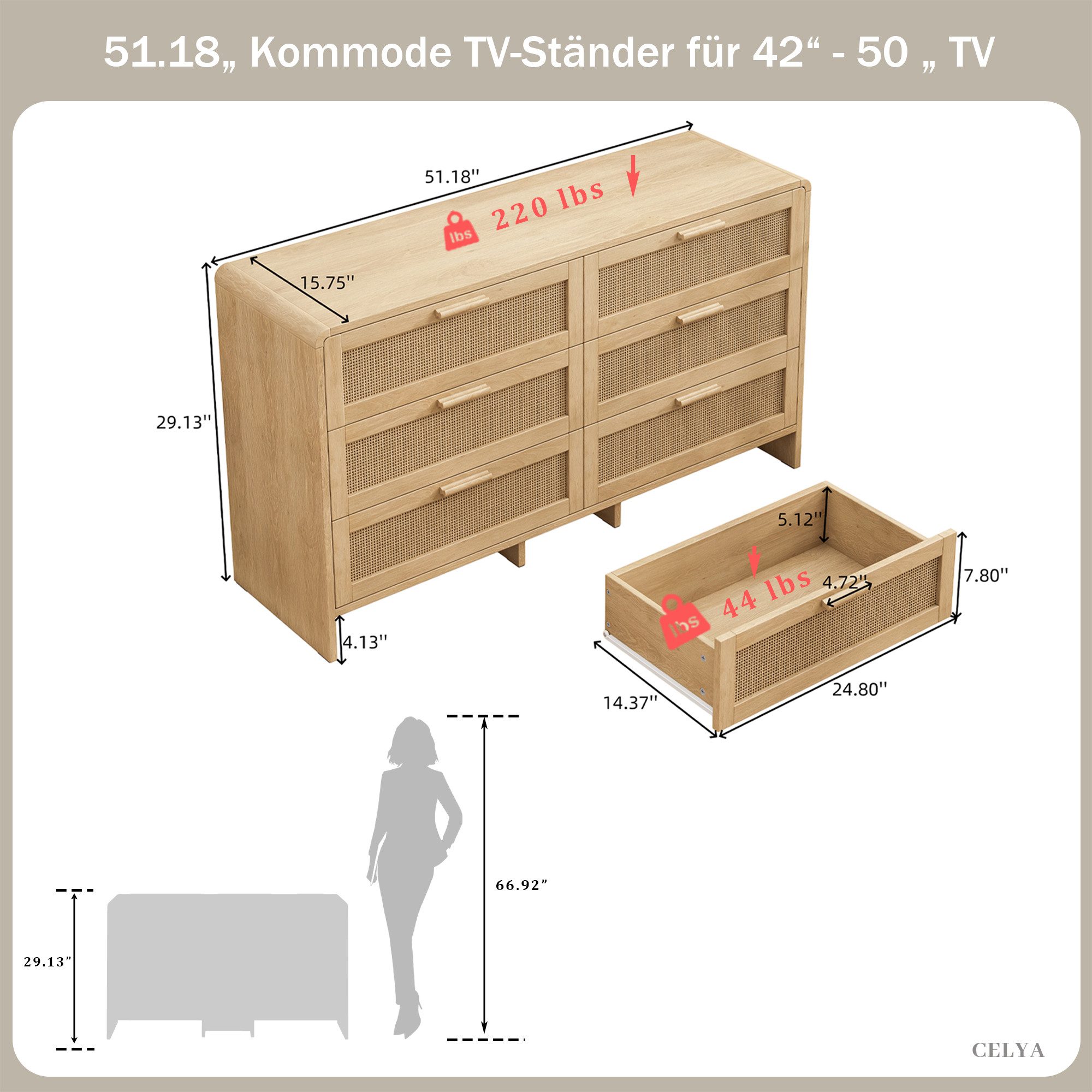 Celya Kommode 130cm Kommode mit 6 Schubladen, mit schubladen, Rattanschrank (kommoden für schlafzimmer, Natürlich), Arc Shaped Corner Rattan Cabinet
