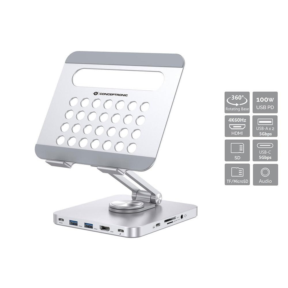 Conceptronic Laptop-Dockingstation DONN26G, 360° drehbare Basis, faltbar, höhenverstellbar