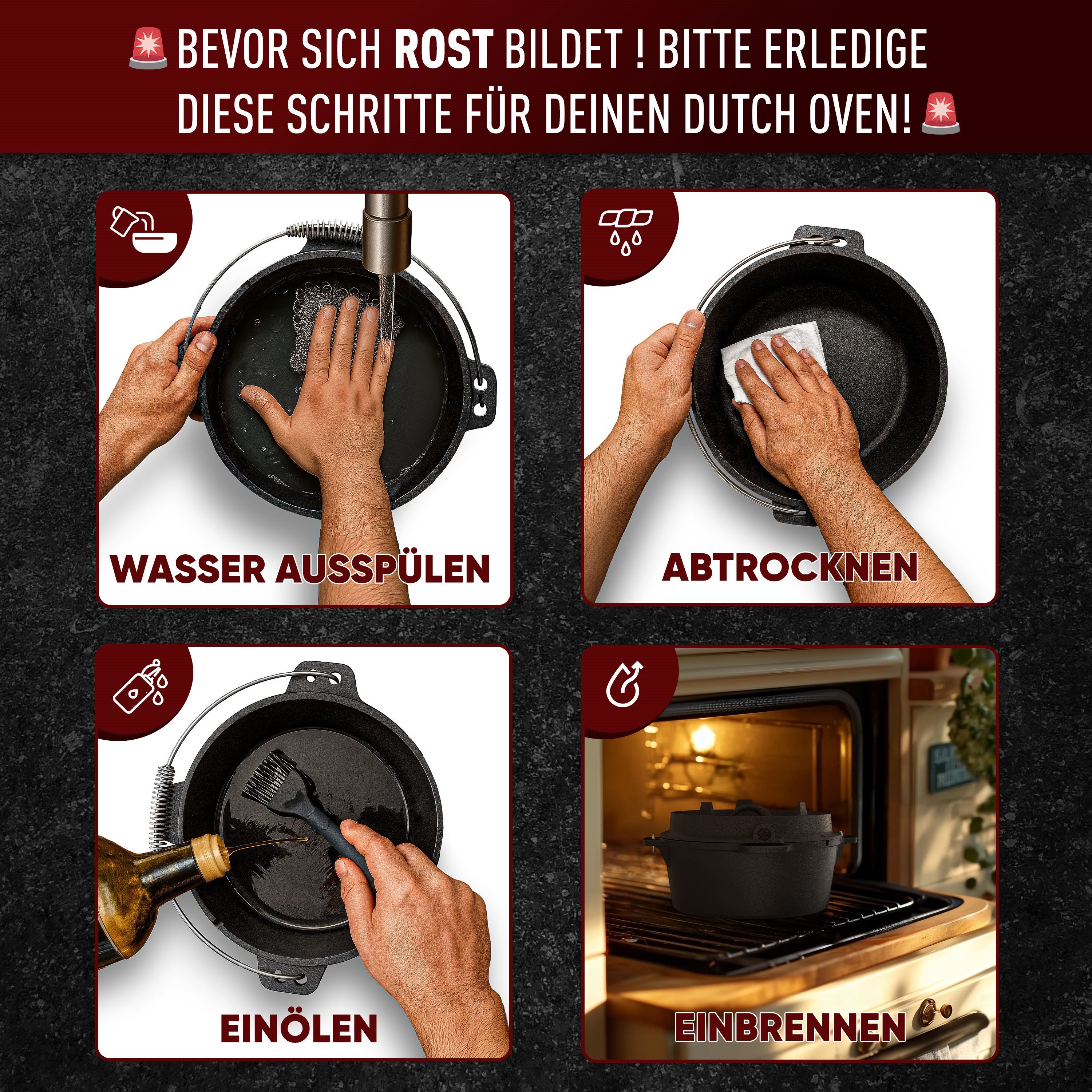 GUSSKÖNIG Schmortopf GUSSKÖNIG Dutch Oven Set 4,5 Liter 2in1 Deckelheber Bürste Rezeptbuch