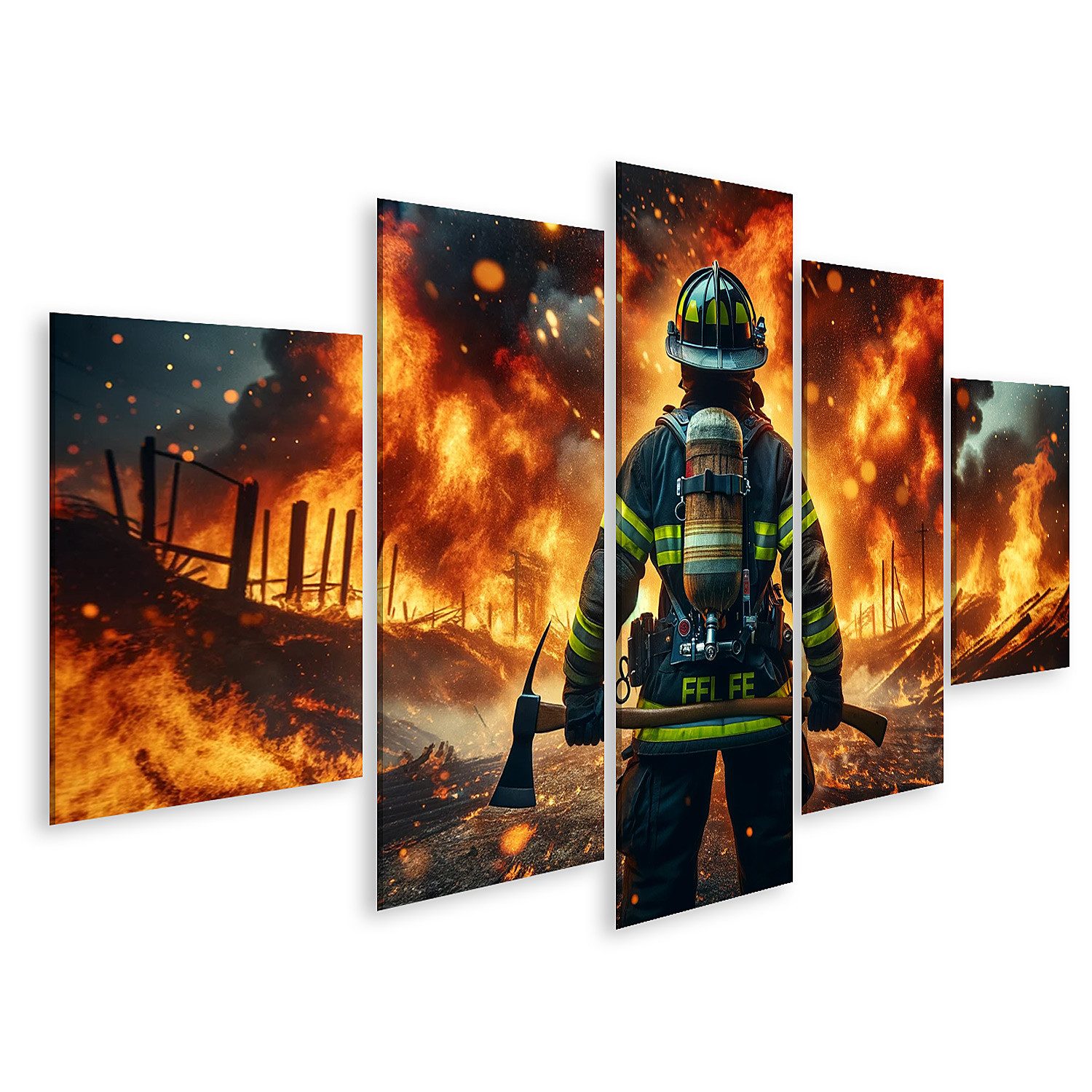 Leinwandbild Feuerwehrmann mit reflektierenden Streifen bekämpft Feuer