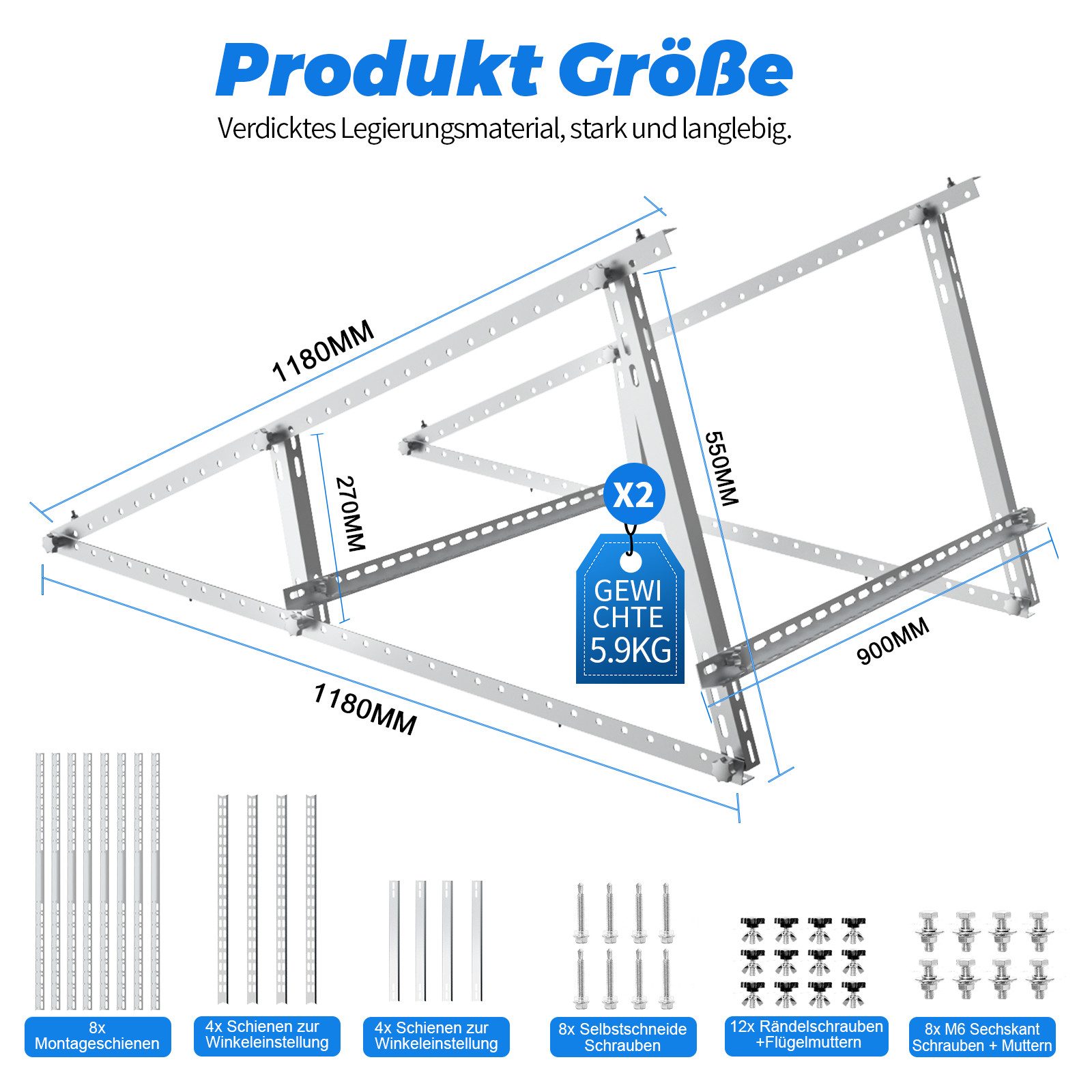 GLIESE Solarmodul-Halterung Solarmodule Halterung balkonkraftwerk halterung Neigungswinkel 0-90°, (bis 46 Zoll, 4-tlg., 118cm Solarmodule Halterung, für Balkon Flachdächern Garten Wohnmobile)