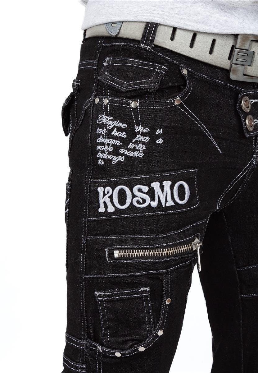 Lupo Verzierungen 5-Pocket-Jeans Auffällige Markante und BA-KM051 Herren Waschnung Hose Kosmo schwarz