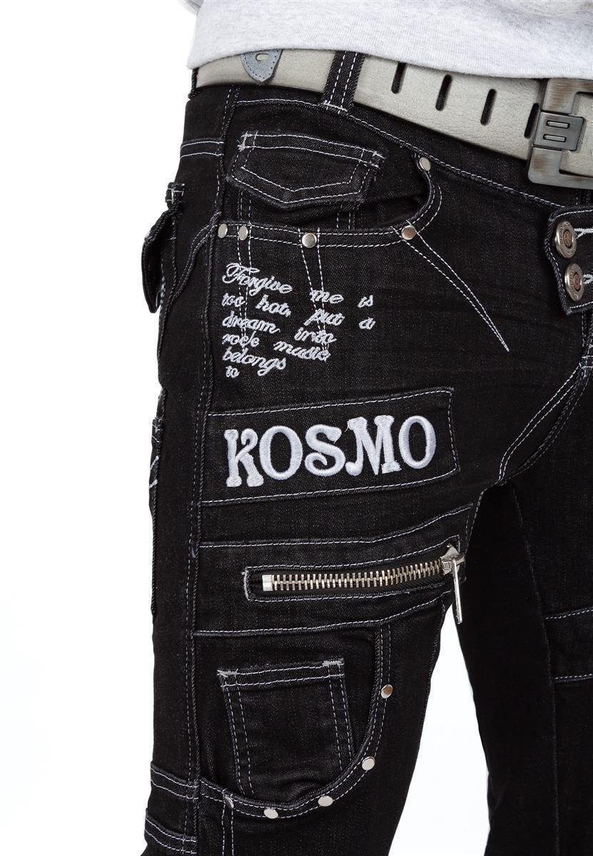 Kosmo Lupo 5-Pocket-Jeans Herren Regular Fit Hose Stonewashed KM051 (1-tlg) mit weißen Kontrastnähten und Ziernähten