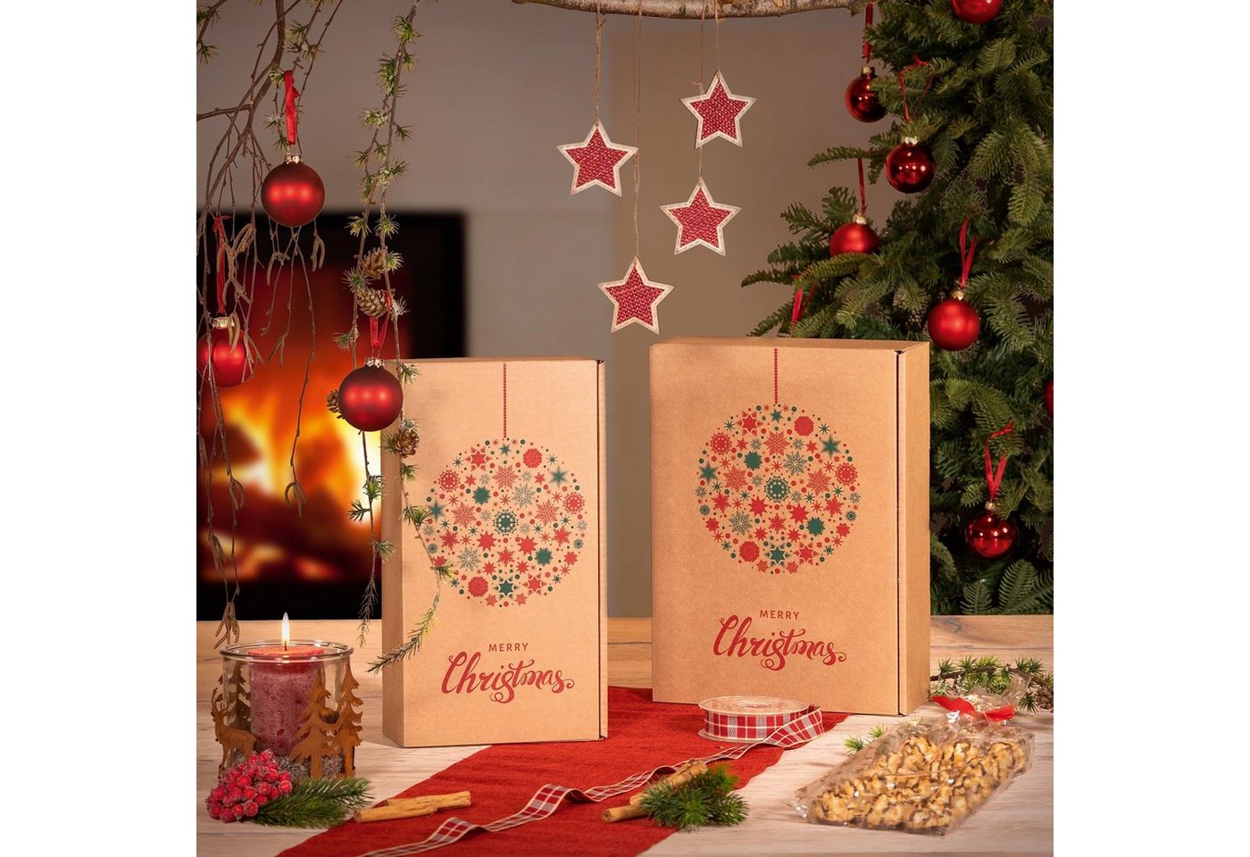 Thumbnail - KK Verpackungen Geschenkbox (500 St), Präsentkarton 2 Flaschen 360x180x90mm Kraftpapier Weihnachten Rot Grün