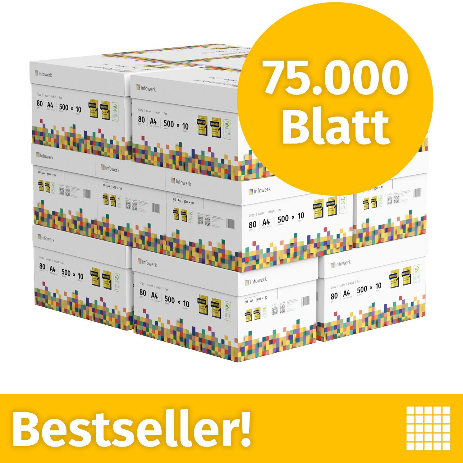 Infowerk Druckerpapier Kopierpapier 75000 Blatt A4 80g Premium Weiß Testsieger PEFC, PEFC-Zertifikat (GFA-PEFC-COC-500582)