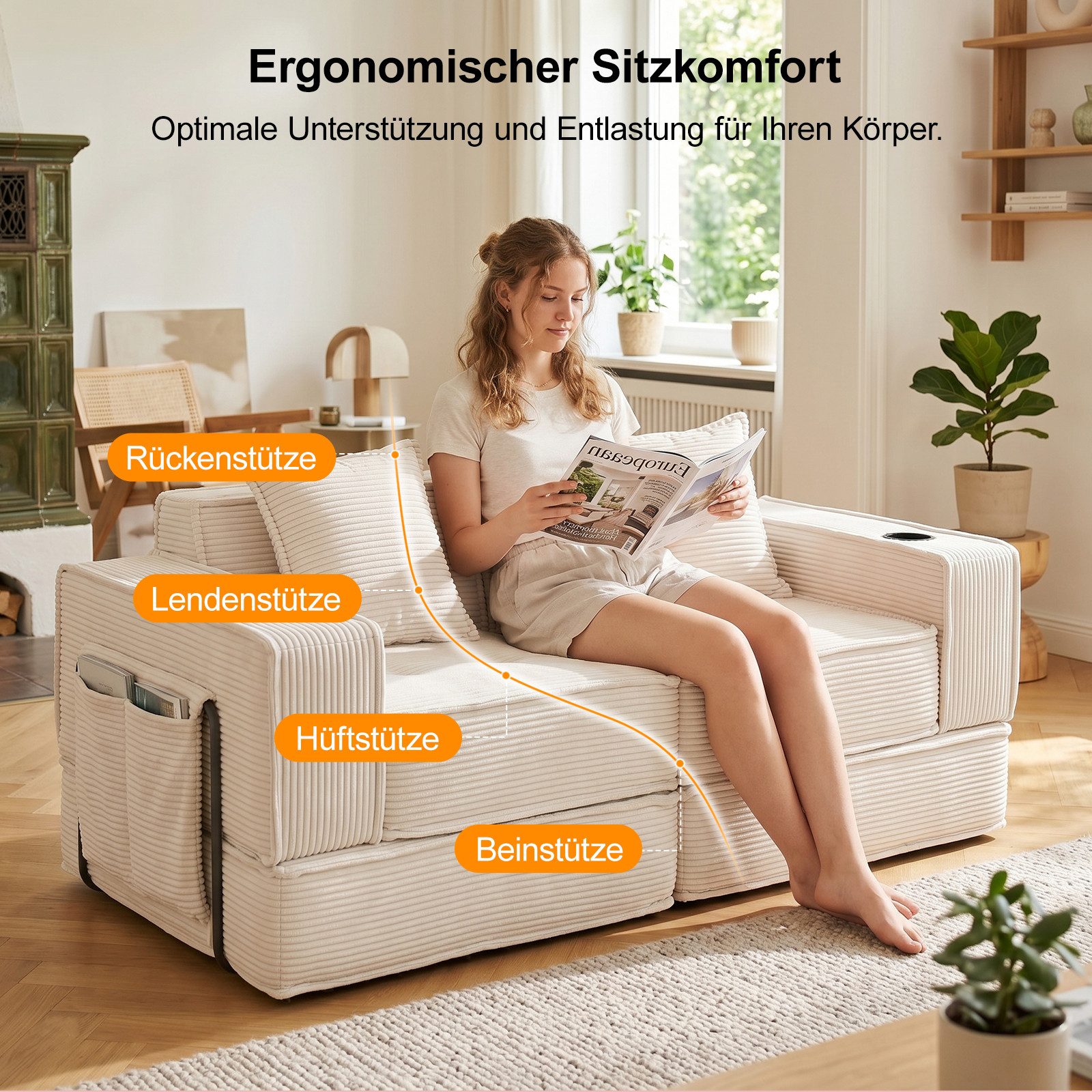 GLP Sofa Modulares Bodensofa 2-Sitzer, Set 5, faltbares Cord-Schlafsofa mit Liegefläche 162x156 cm