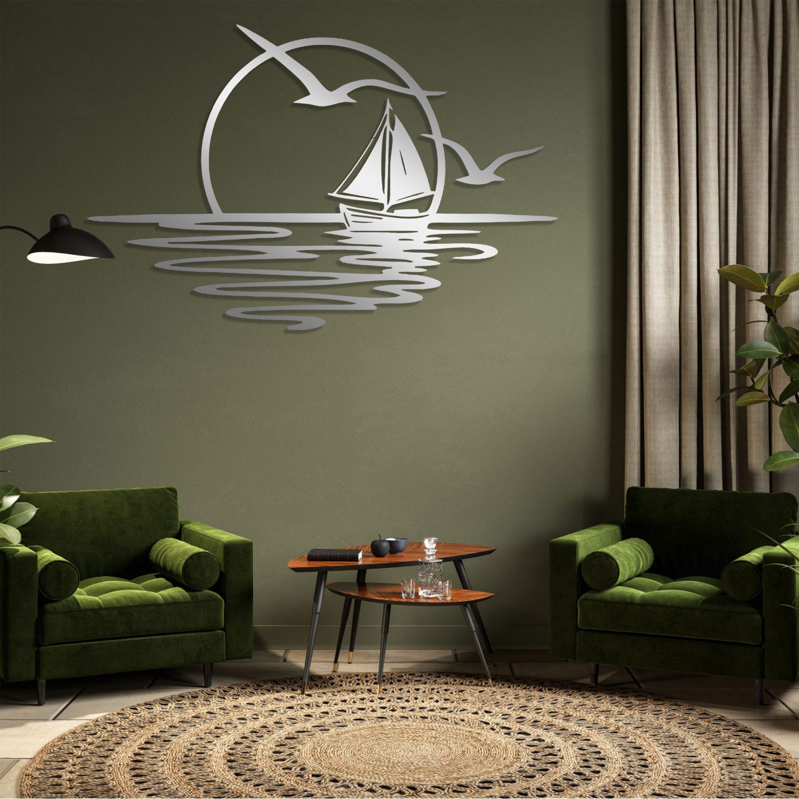 Jumpeak Wanddekoobjekt Wanddeko mit Segelbooten und Möwen,Sonnenaufgang,Sonne,Meer,Seefahrt, Metall,4 Farben,4 Maße,Wasserwellen, Strichkunst,Natürliche Atmosphäre