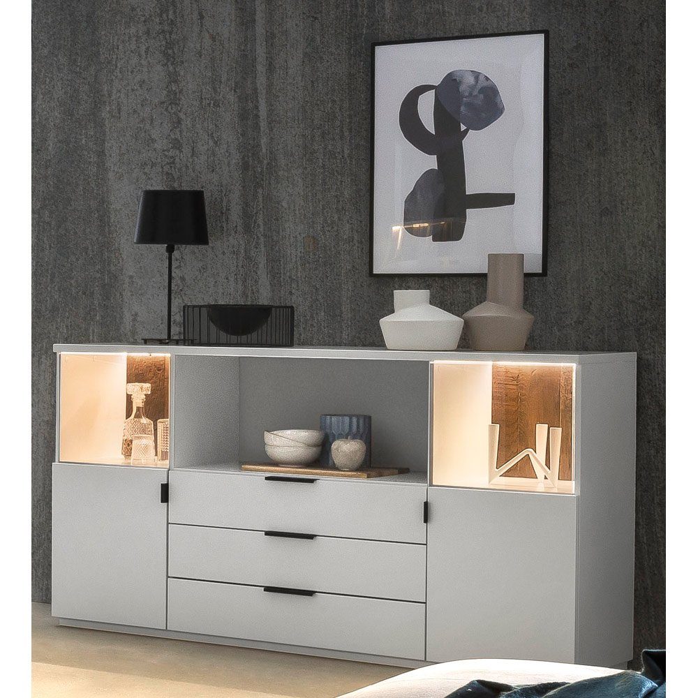Lomadox Kommode »MODESTO-52«, Sideboard Vitrine weiß modern mit Absetzungen  in Altholz, inkl. LED Beleuchtung, B/H/T: ca. 160/90/45 cm