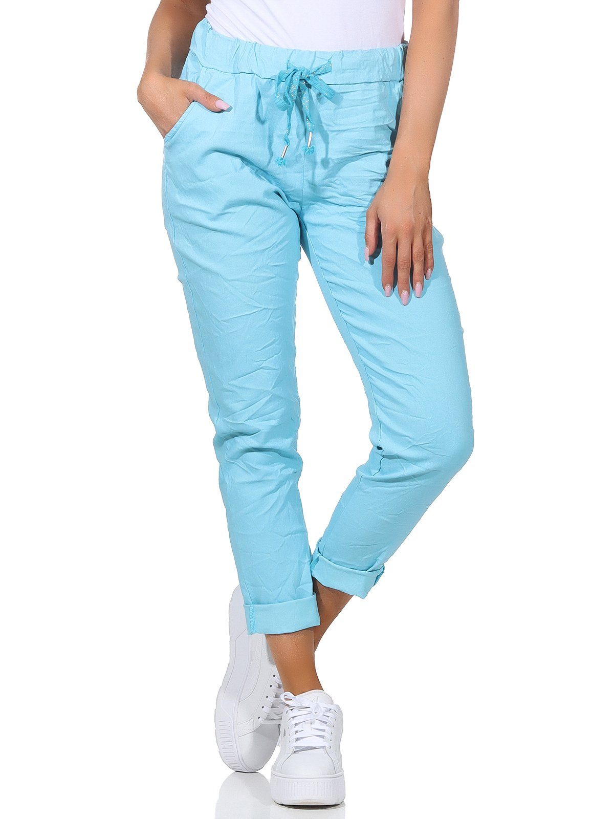 Aurela Damenmode Schlupfhose Sommerhose Damen Chinohose leichte Schlupfhose auch in großen Größen erhältlich, Stretch-Jeans in modischen Sommerfarben, max. Körpergröße 1,69m Türkis