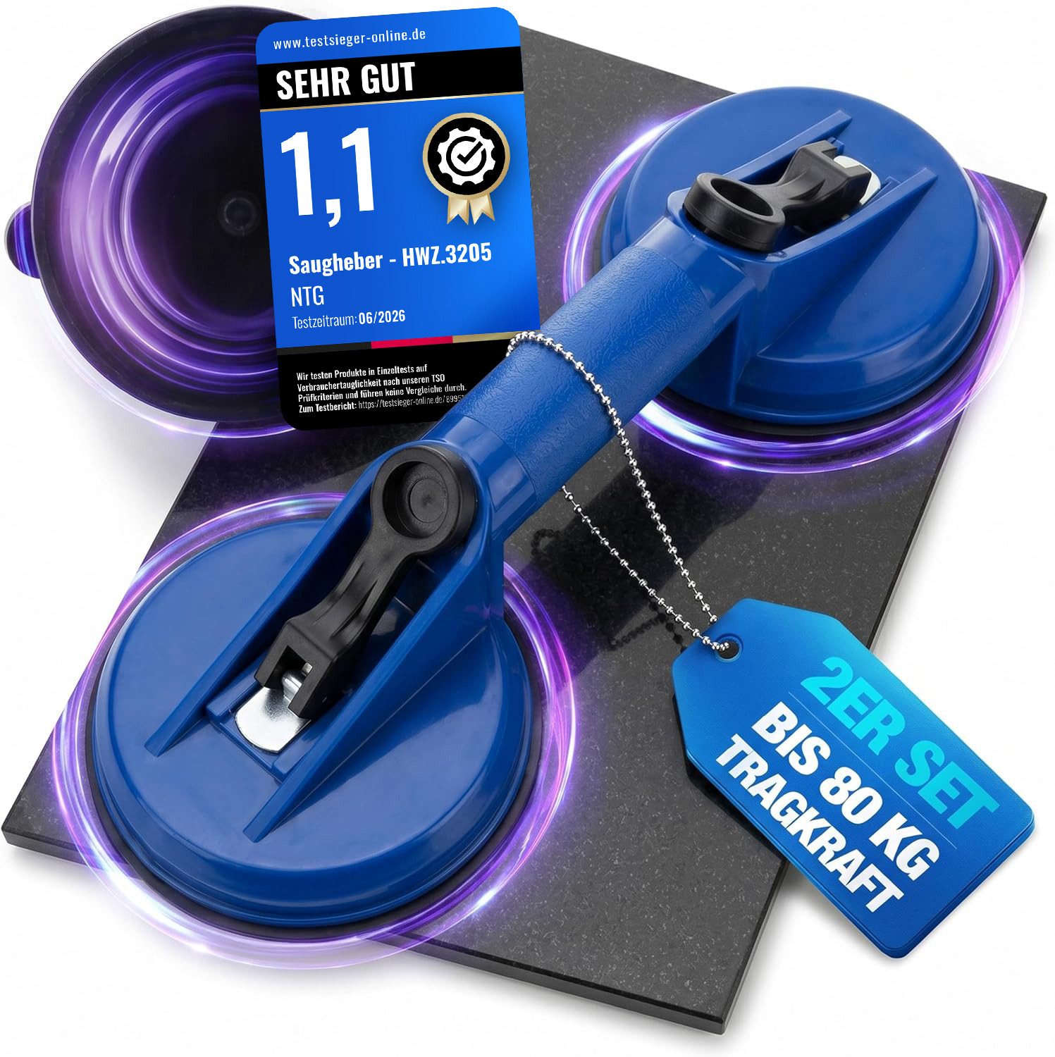 NTG Nutzfahrzeug Technik GmbH Doppelsaugheber Glasheber 2er Set – 60kg Traglast – Profi Vakuum-Saugheber, max. 60 kg Traglast, Öffnungsweite max. 11.8 cm, 2-tlg.], 118 mm Saugteller