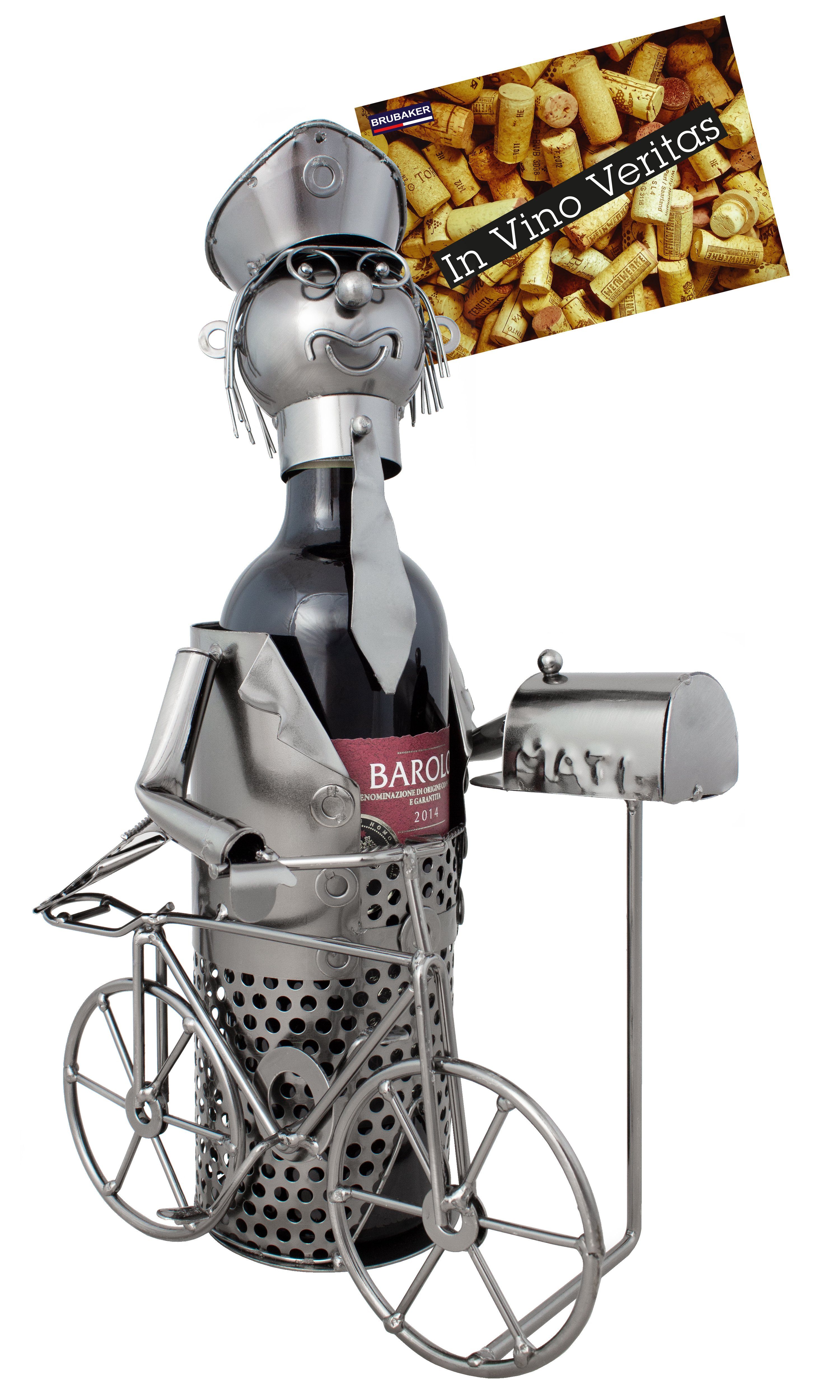 BRUBAKER Weinflaschenhalter Postbote beim Briefeinwurf mit Fahrrad,  (inklusive Grußkarte), Metall Skulptur, Wein Geschenk, Weinhalter,  Flaschenhalter