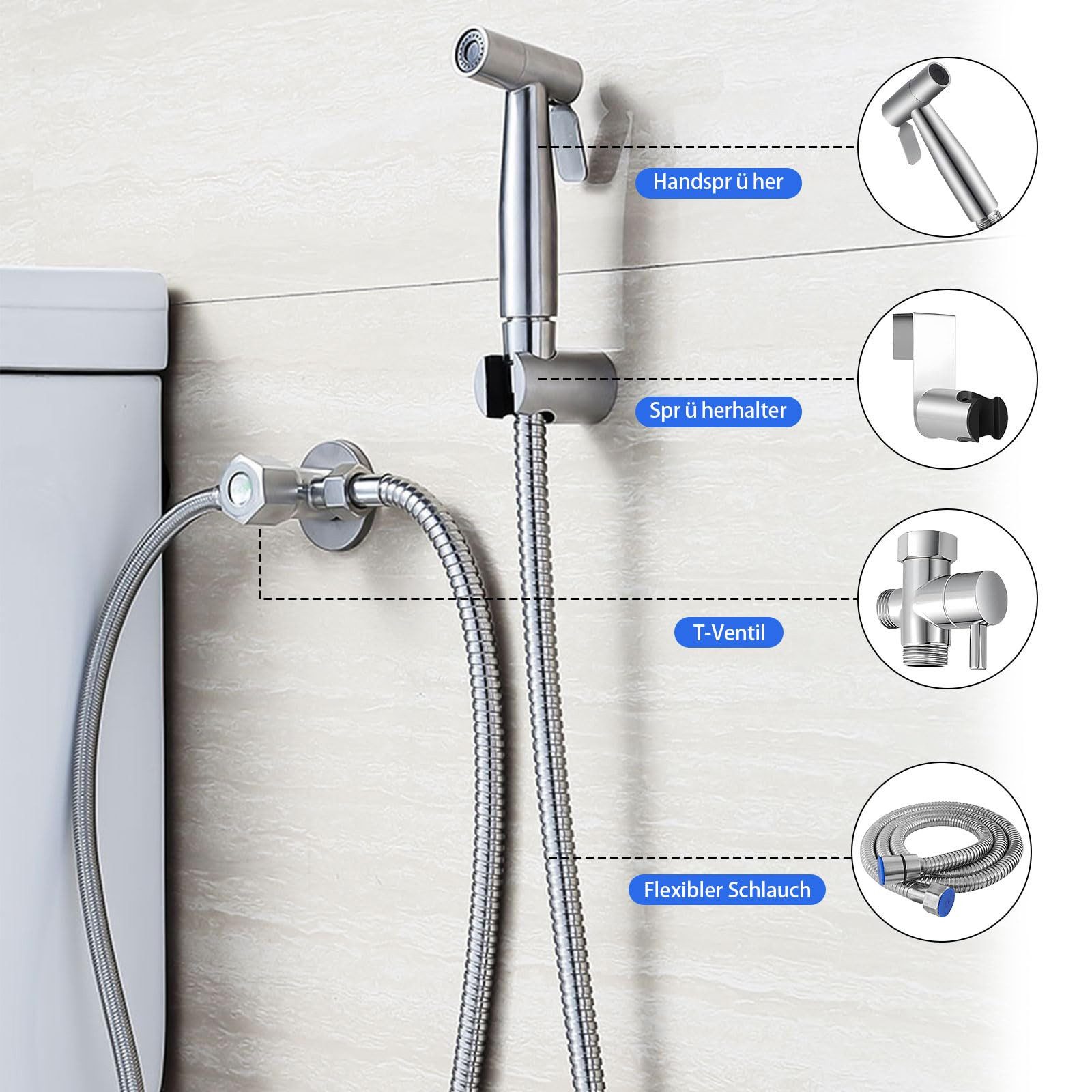 MOPUEA Bidetarmatur Handbrause Bidet Sprayer Mit Halter Wassermenge einstellbar Edelstahl (Bidet Handbrause Set, Edelstahl Bidet Handbrause mit Schlauch Ventil  – Bild 5 von 5