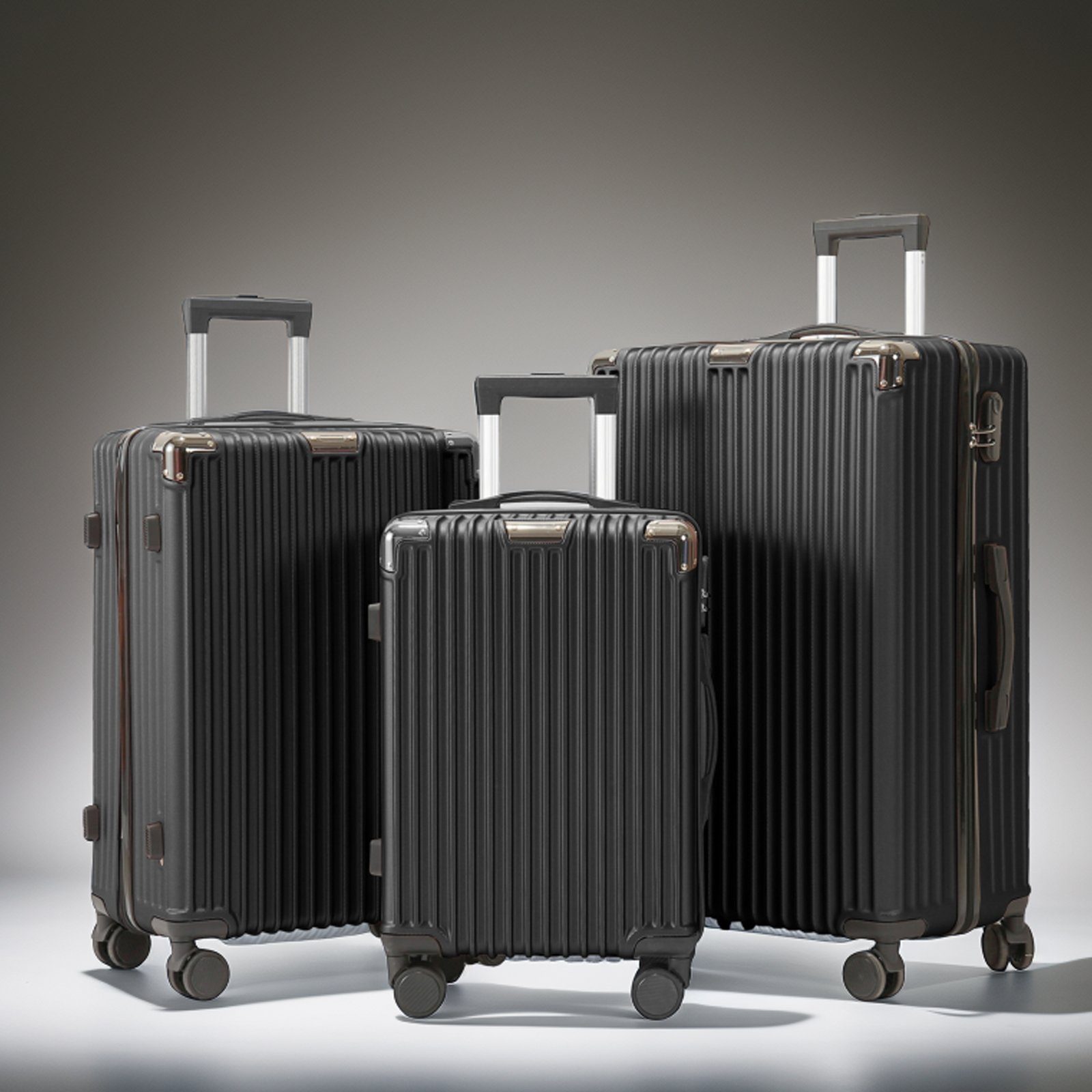 Set, Hartschalen-Handgepäck Kofferset Rollkoffer, , Zahlenschloss mit FUROKOY schwarz 3-teiliges Reisekoffer ABS-Material,