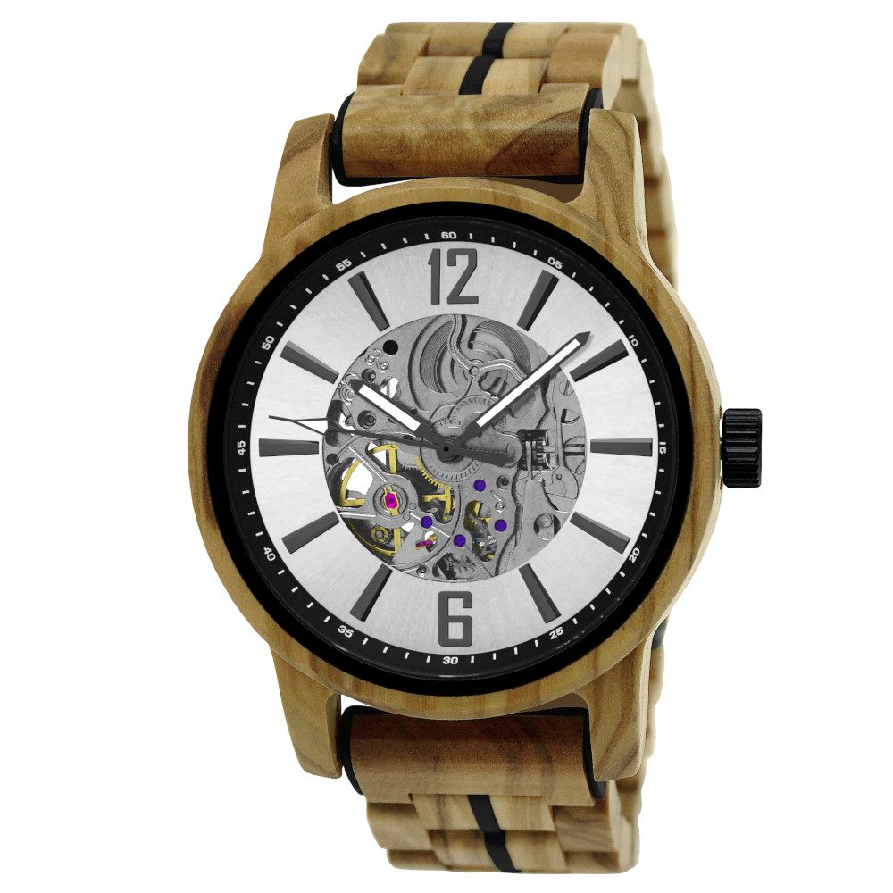 Holzwerk Automatikuhr Moderne Herren Holz & Edelstahl Armband Uhr, (inklusive Armbandkürzer), Holz Unikate, ideal auch als Geschenk, Automatik, offene Unruhe