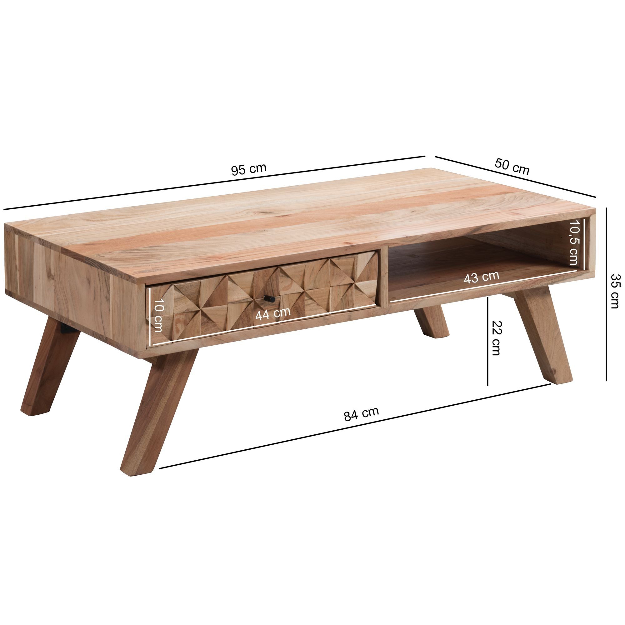 FINEBUY Couchtisch FB50987 Akazie Massivholz 95cm Wohnzimmertisch Schublade Ablage (95x35x50cm Akazie Massivholz / Metall Rechteckig), Wohnzimmertisch Schublade, Sofatisch Kaffeetisch