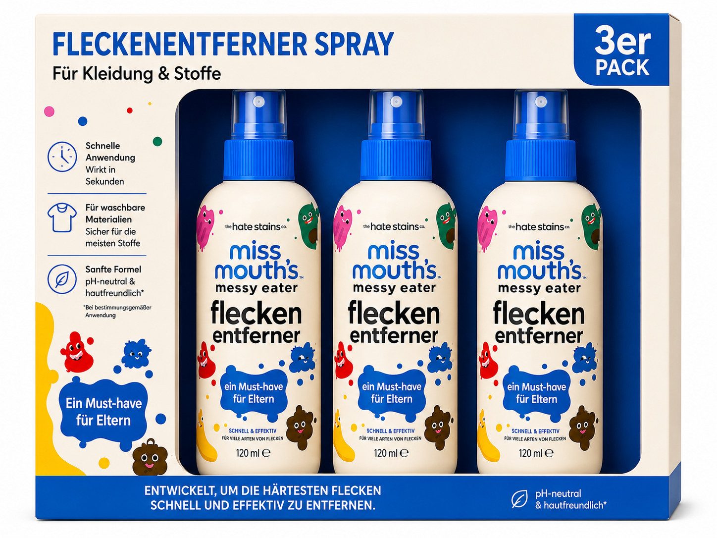 Miss Mouths Miss Mouth's Messy Eater Fleckenbehandlungsspray, Fleckentferner (3-St. 1er-2er-3er Set keine chemische Reinigung, Lebensmittel, Fett, Kaffee, Wäsche)