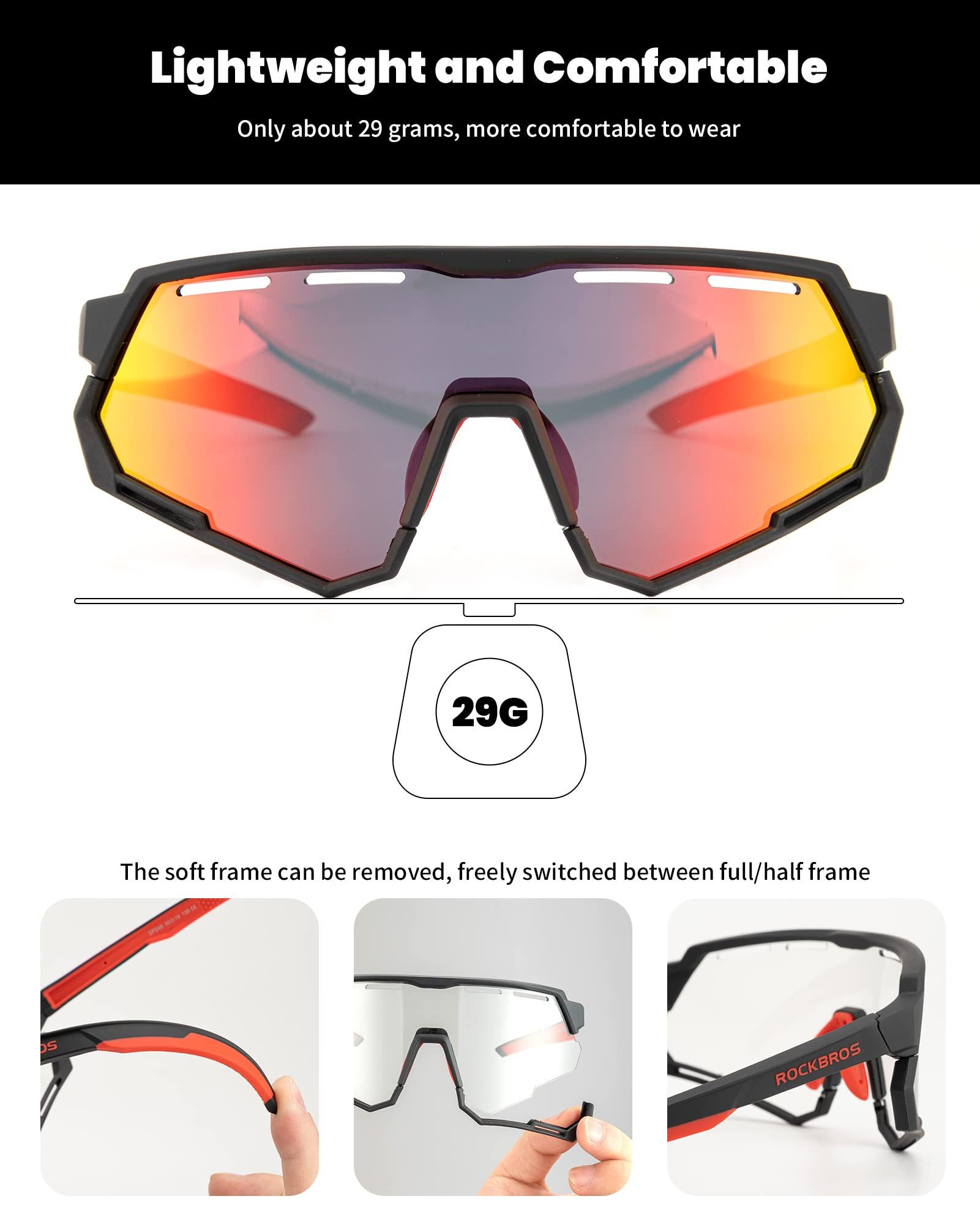ROCKBROS Fahrradbrille Fahrradbrille 2 in 1 Sportbrille, (Sonnenbrille für Outdoor-Aktivitäten wie Radfahren Laufen Angeln Golf), Polarisierte/Photochrome Brill – Bild 2 von 5