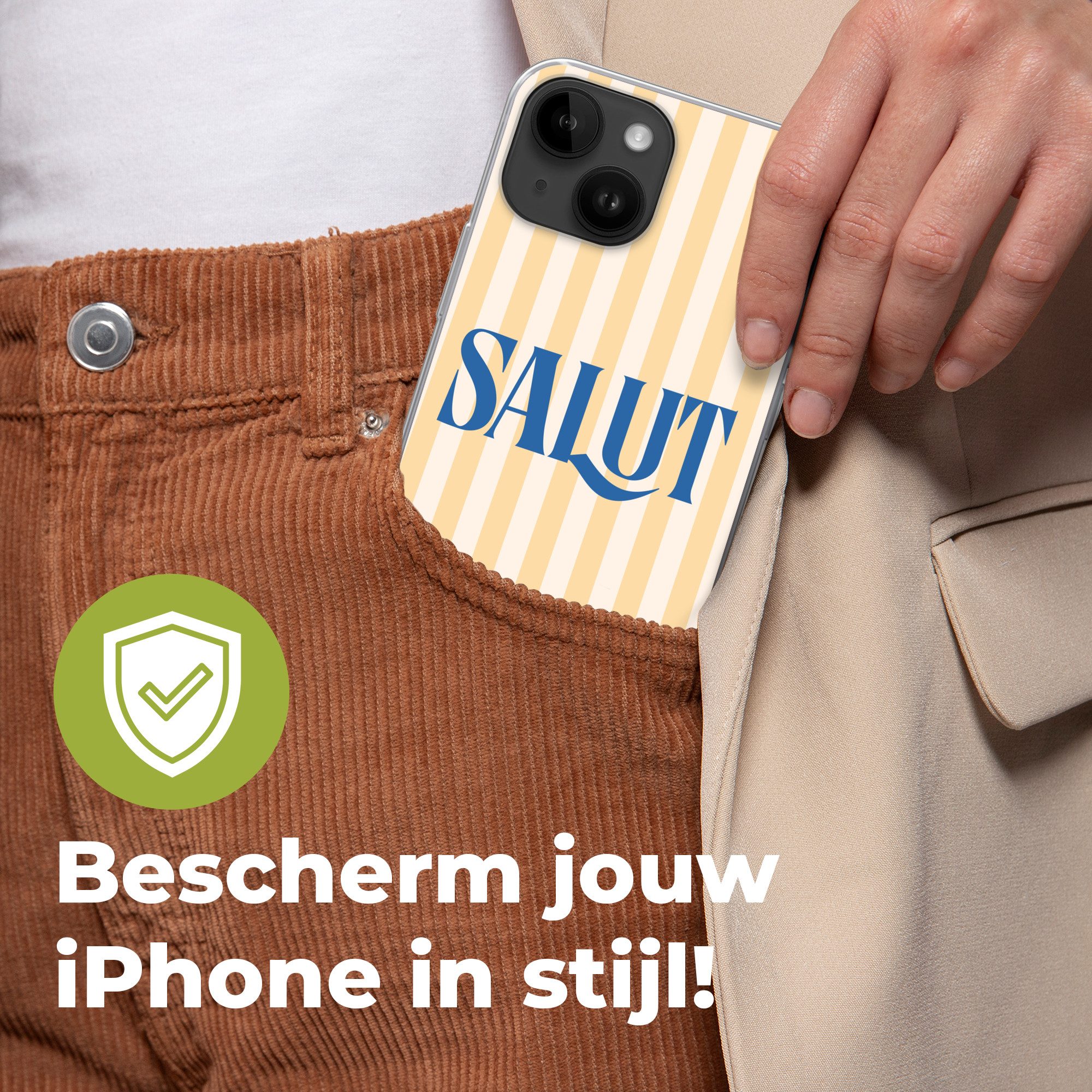 MuchoWow Handyhülle für Apple iPhone 14 Salut - Zitat - Streifen - Gelb - Blau - Weiß, Smartphone-Bumper, Print, Handy Schutzhülle Dünn
